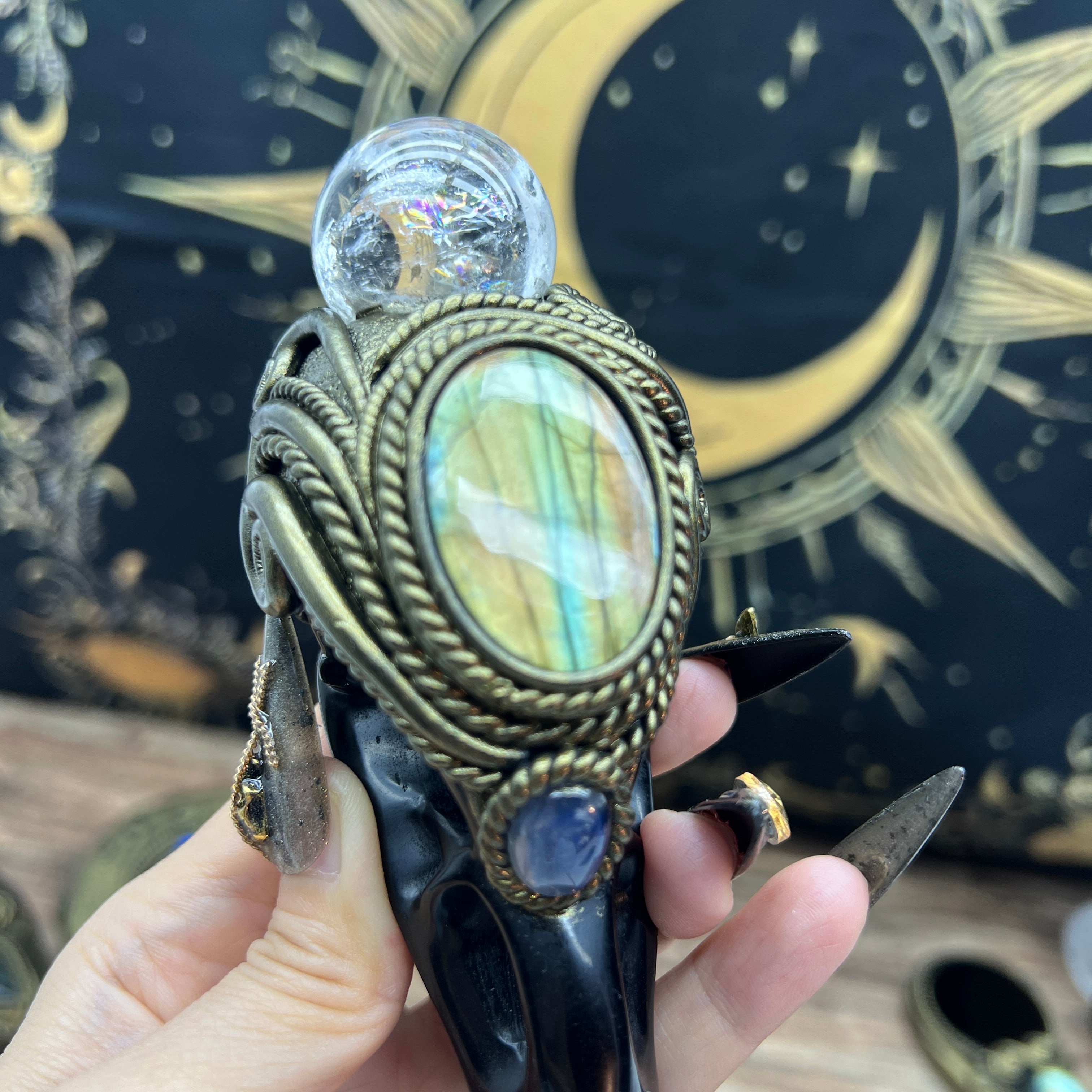 The Shadow Worker - Labradorite,moonstone , Carved Black Obsidian RavenSkull &Rainbow Clear quartz sphere Crystal AltarPiece