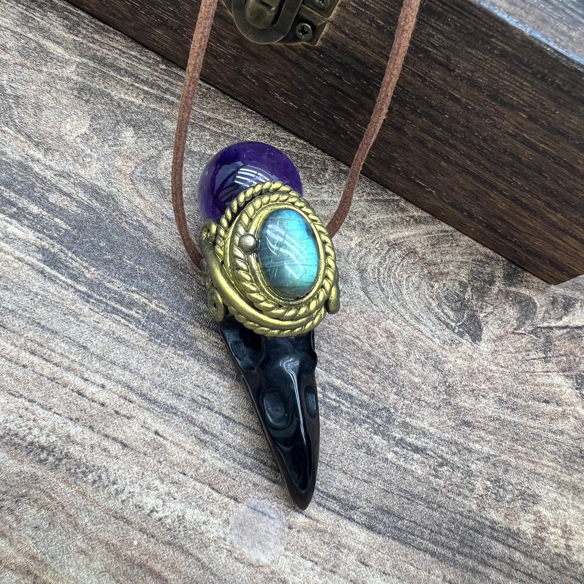 Handmade crystal jewelry~Healing Crystal Wand / Protection Amulet Pendant Necklace Labradorite,amethyst sphere , Carved Black Obsidian RavenSkull
