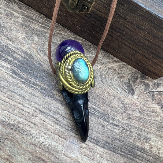 Handmade crystal jewelry~Healing Crystal Wand / Protection Amulet Pendant Necklace Labradorite,amethyst sphere , Carved Black Obsidian RavenSkull