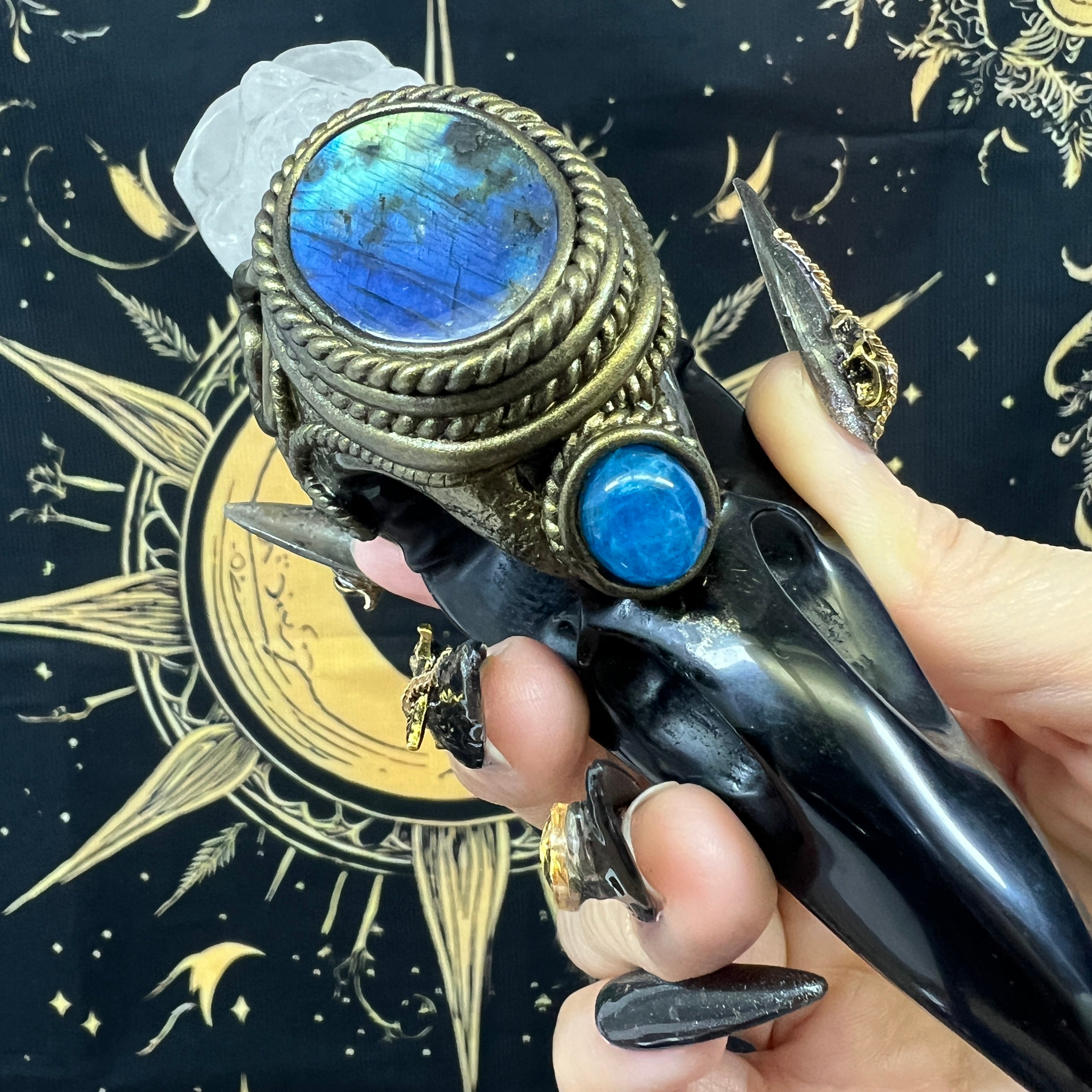 The Shadow Worker - Labradorite,Blue apatite , Carved Black Obsidian RavenSkull & Carved Clear quartz Skull Crystal AltarPiece
