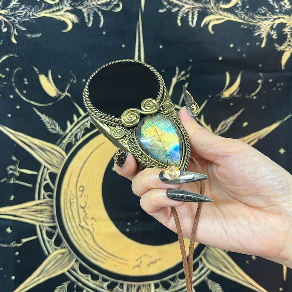 Handmade Natural Black Obsidian Scrying Mirror pendant/Magic Obsidian Witch Mirror/Crystal Quartz Mirror/Manifest Altar Tool