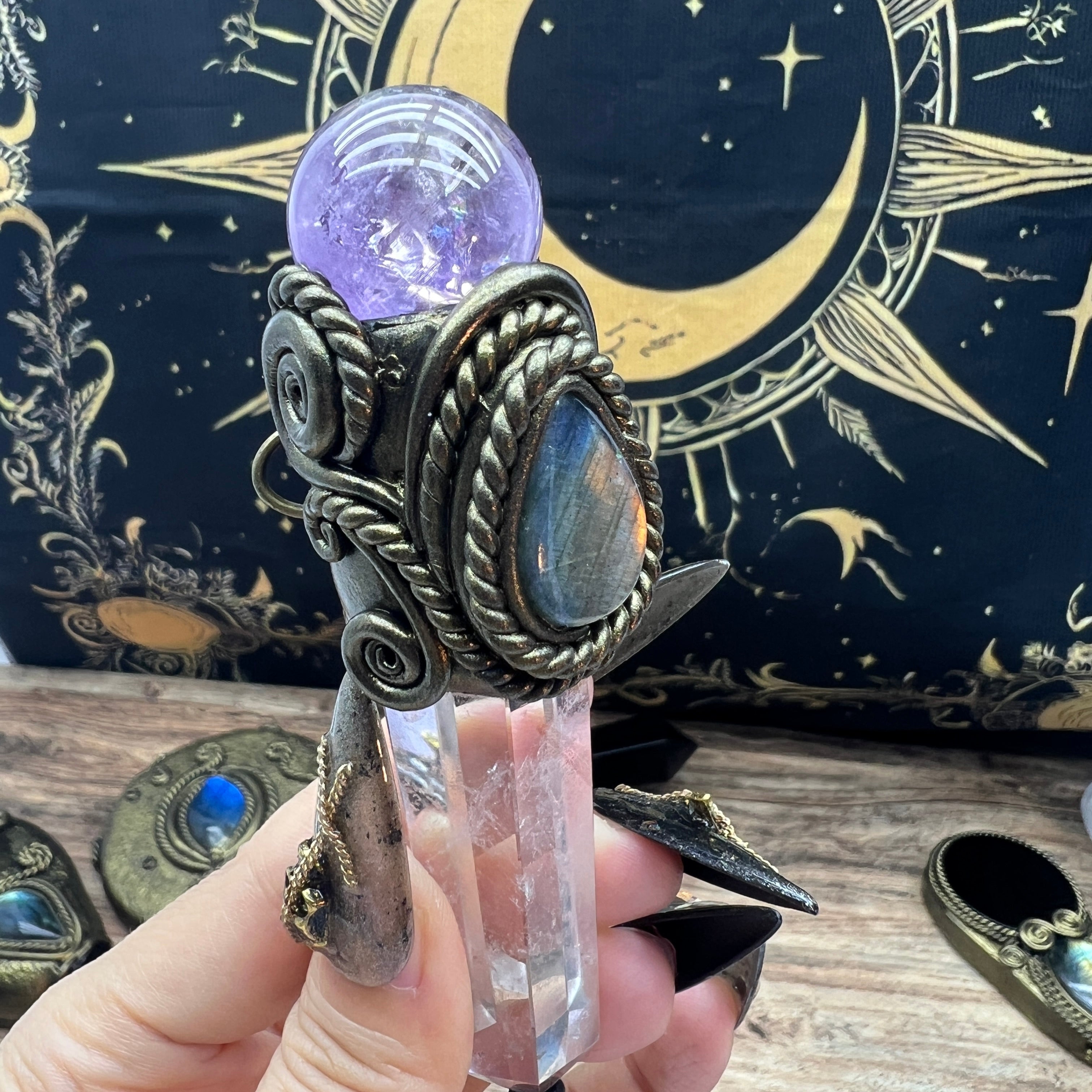 Handmade crystal jewelry Healing Crystal Wand / Protection Amulet Pendant Necklace Clear quartz tower paired with amethyst spheres and labradorite