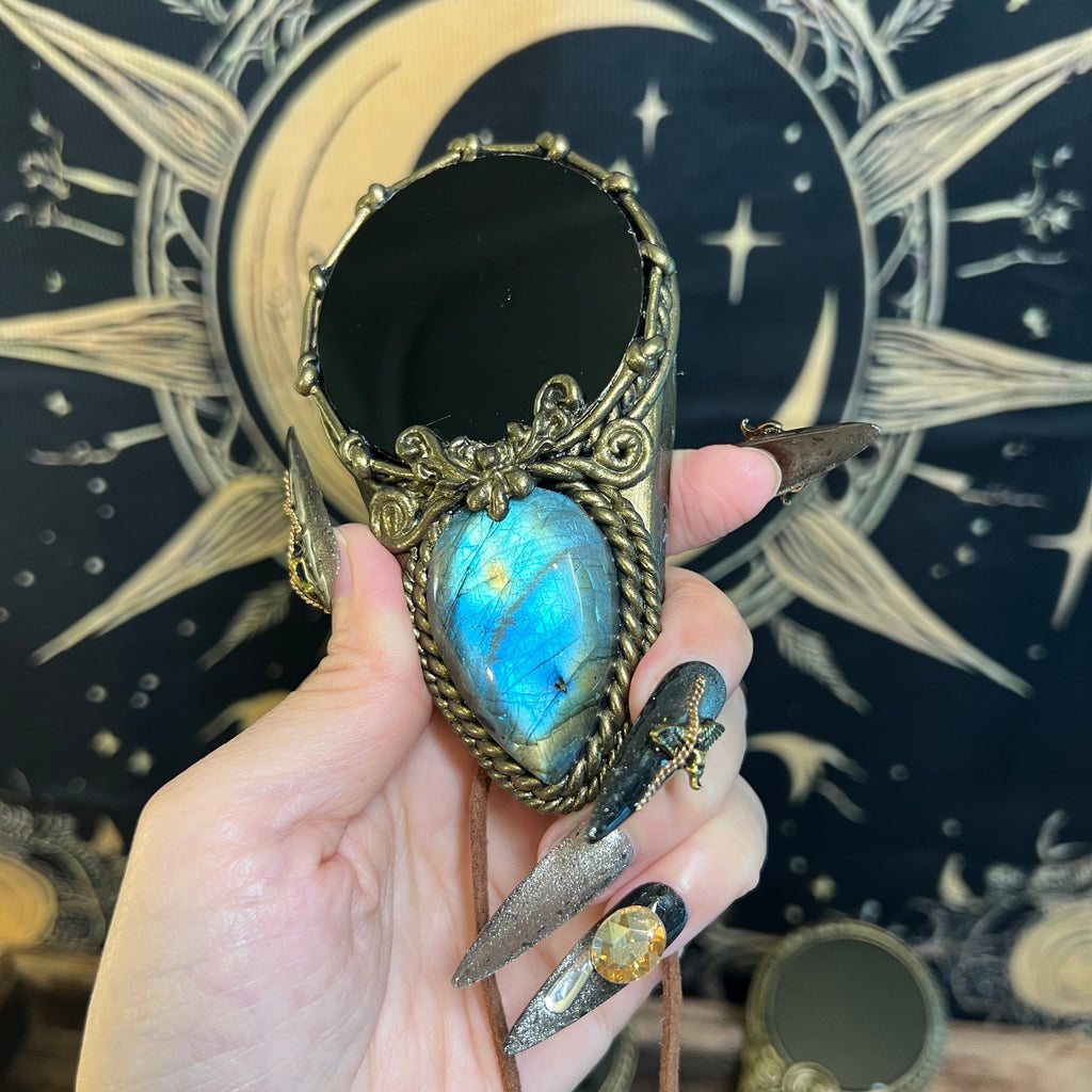 Handmade Natural Black Obsidian Scrying Mirror pendant/Magic Obsidian Witch Mirror/Crystal Quartz Mirror/Manifest Altar Tool