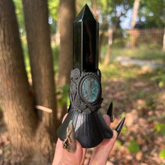Crystal Altar Bell, Witch Hand Bell, Black obsidian Wand Bell, Pagan Ritual Bell, Gothic Crystal Handbell, Handcrafted Witchy Altar Decor