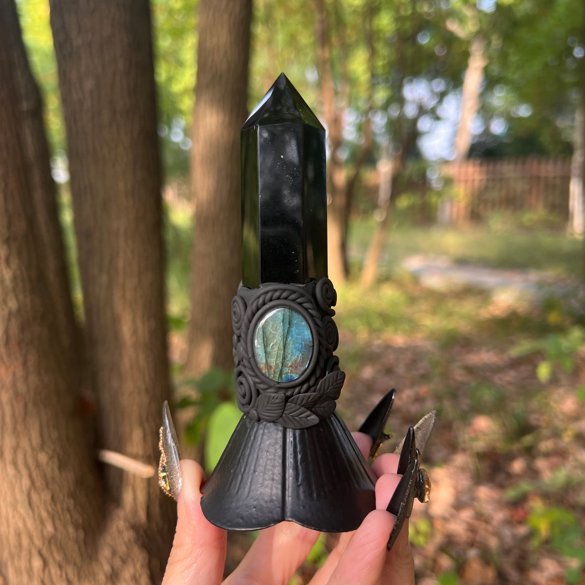 Crystal Altar Bell, Witch Hand Bell, Black obsidian Wand Bell, Pagan Ritual Bell, Gothic Crystal Handbell, Handcrafted Witchy Altar Decor