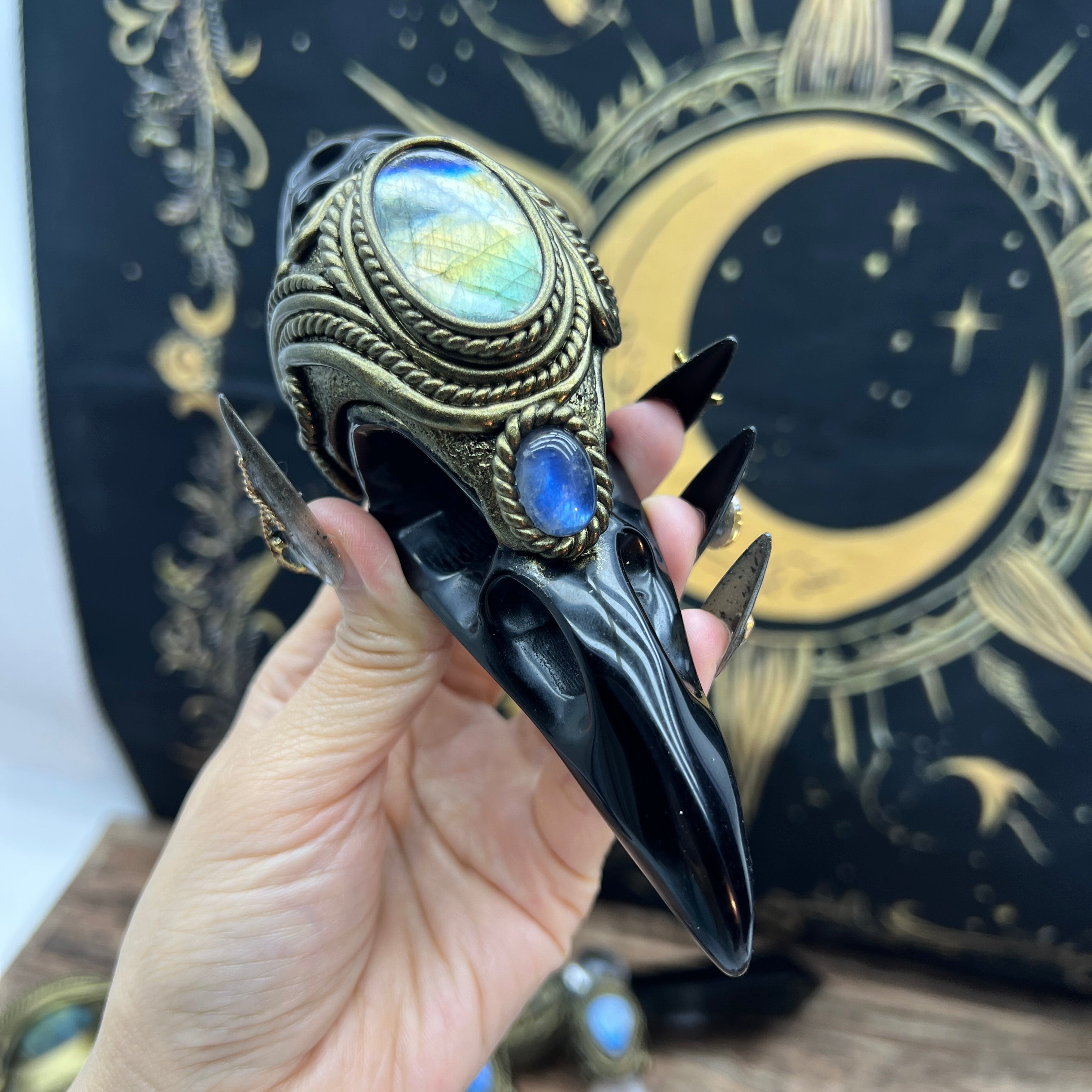 The Shadow Worker - Labradorite,moonstone , Carved Black Obsidian RavenSkull & Carved Black obsidian Skull Crystal AltarPiece