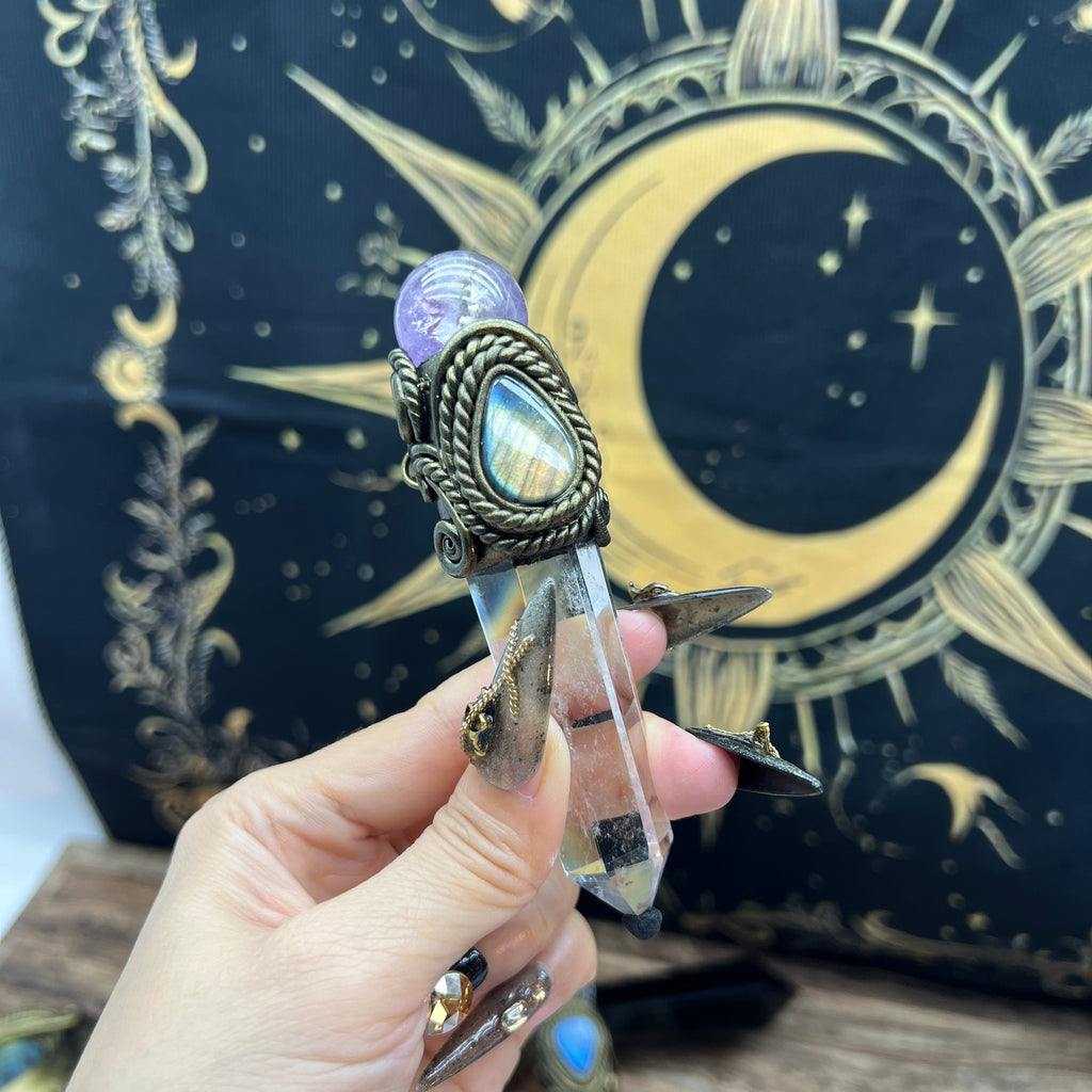 Handmade crystal jewelry Healing Crystal Wand / Protection Amulet Pendant Necklace Clear quartz tower paired with amethyst spheres and labradorite