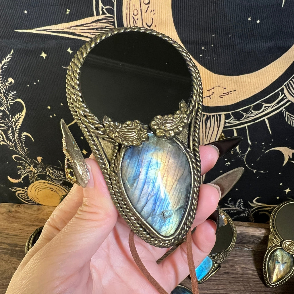 Handmade Natural Black Obsidian Scrying Mirror pendant/Magic Obsidian Witch Mirror/Crystal Quartz Mirror/Manifest Altar Tool
