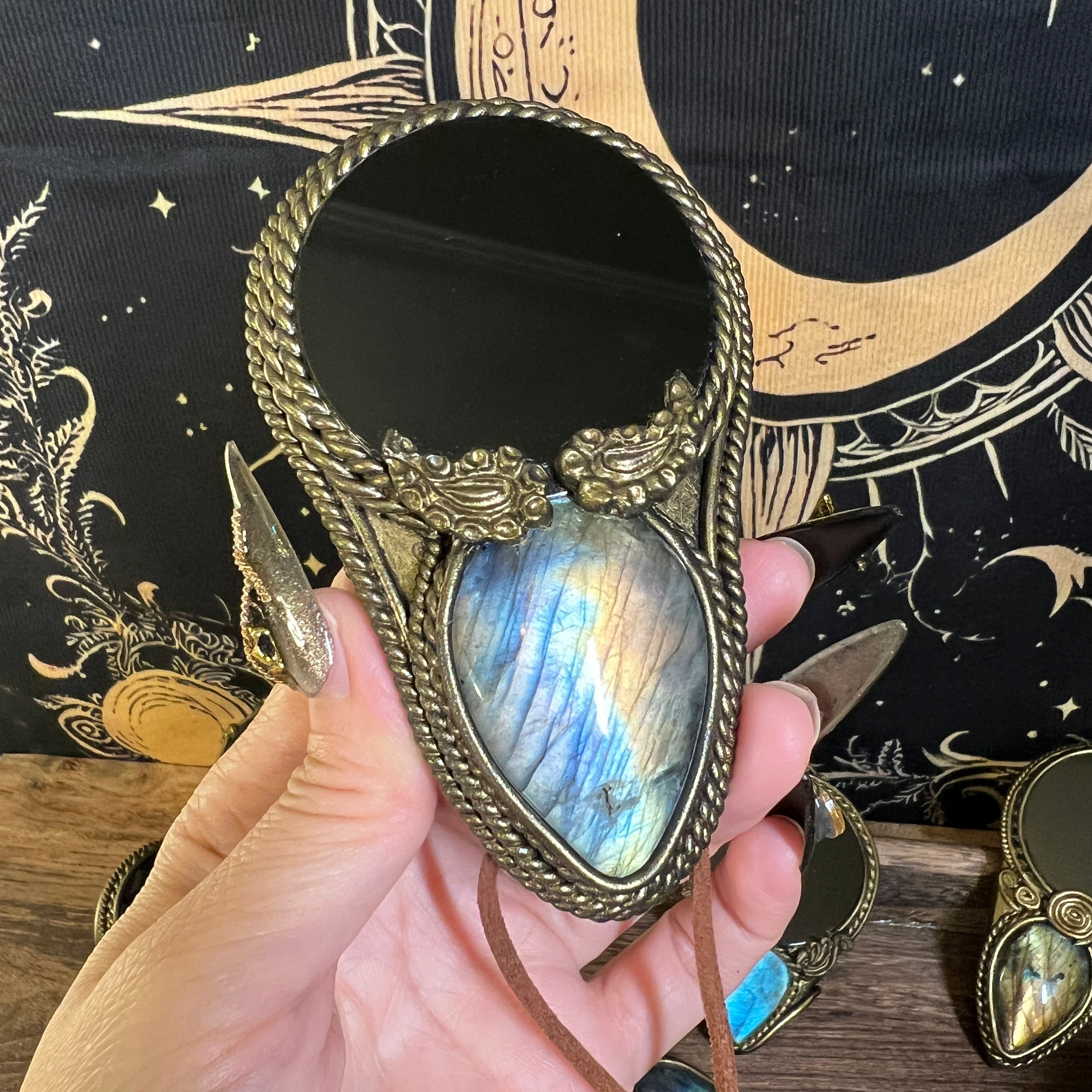 Handmade Natural Black Obsidian Scrying Mirror pendant/Magic Obsidian Witch Mirror/Crystal Quartz Mirror/Manifest Altar Tool
