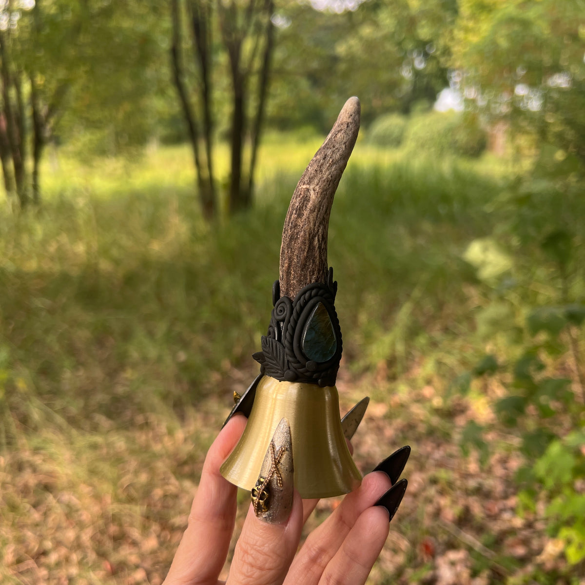 Crystal Altar Bell, Witch Hand Bell, Natural antler Wand Bell, Pagan Ritual Bell, Gothic Crystal Handbell, Handcrafted Witchy Altar Decor