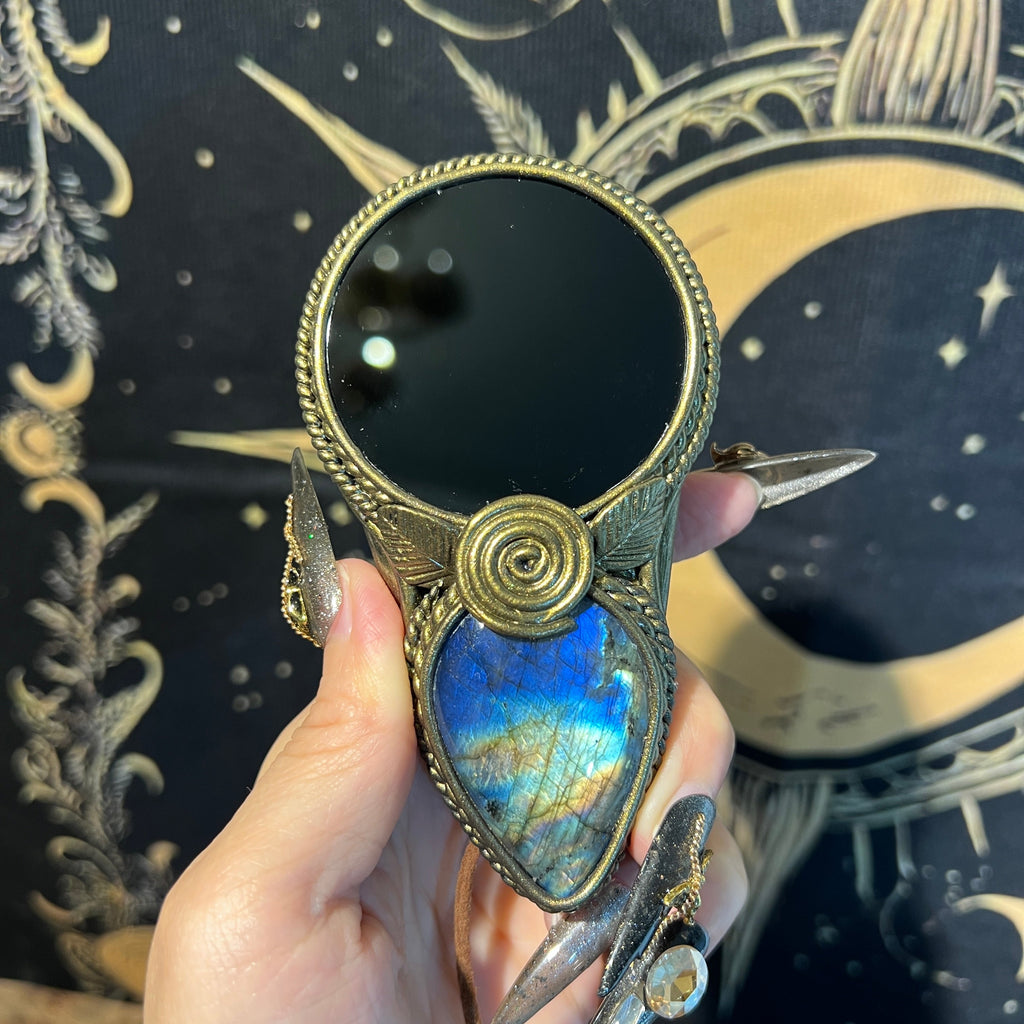Handmade Natural Black Obsidian Scrying Mirror pendant/Magic Obsidian Witch Mirror/Crystal Quartz Mirror/Manifest Altar Tool