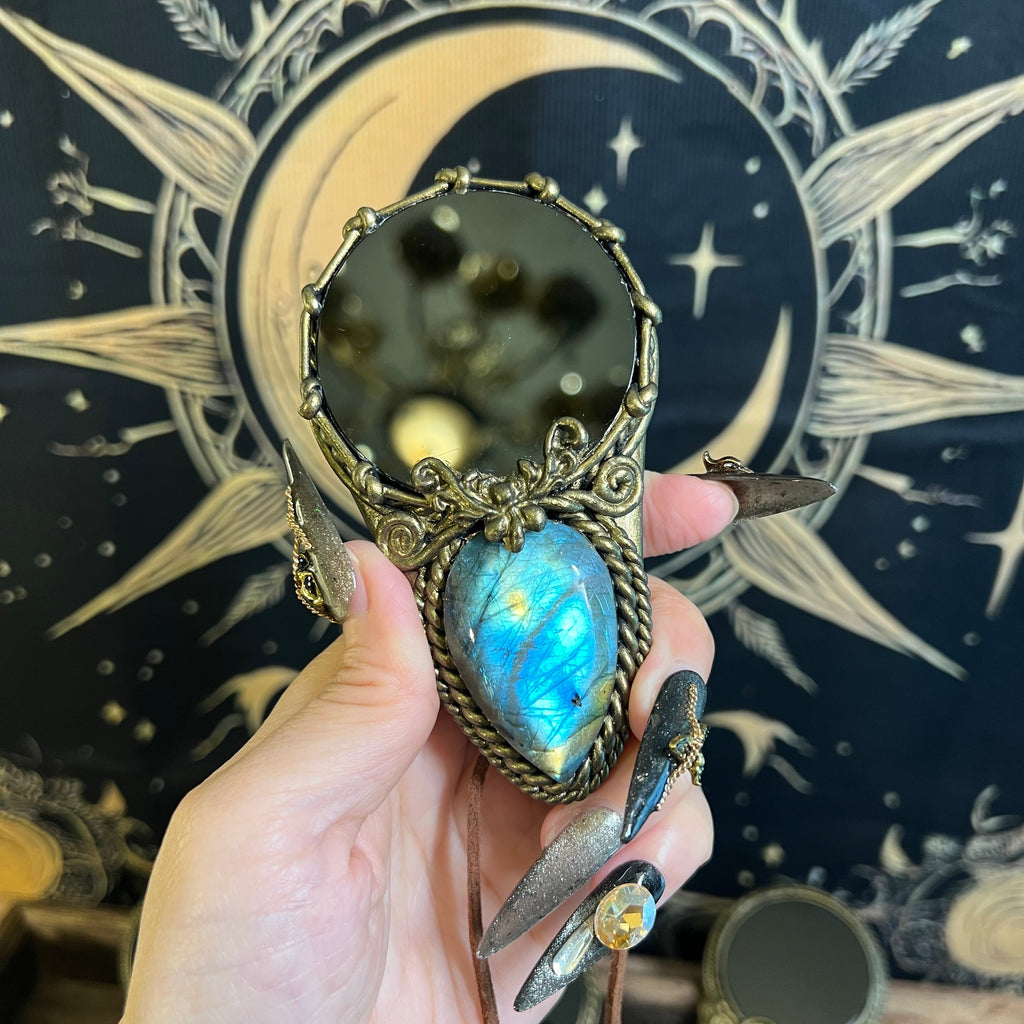Handmade Natural Black Obsidian Scrying Mirror pendant/Magic Obsidian Witch Mirror/Crystal Quartz Mirror/Manifest Altar Tool