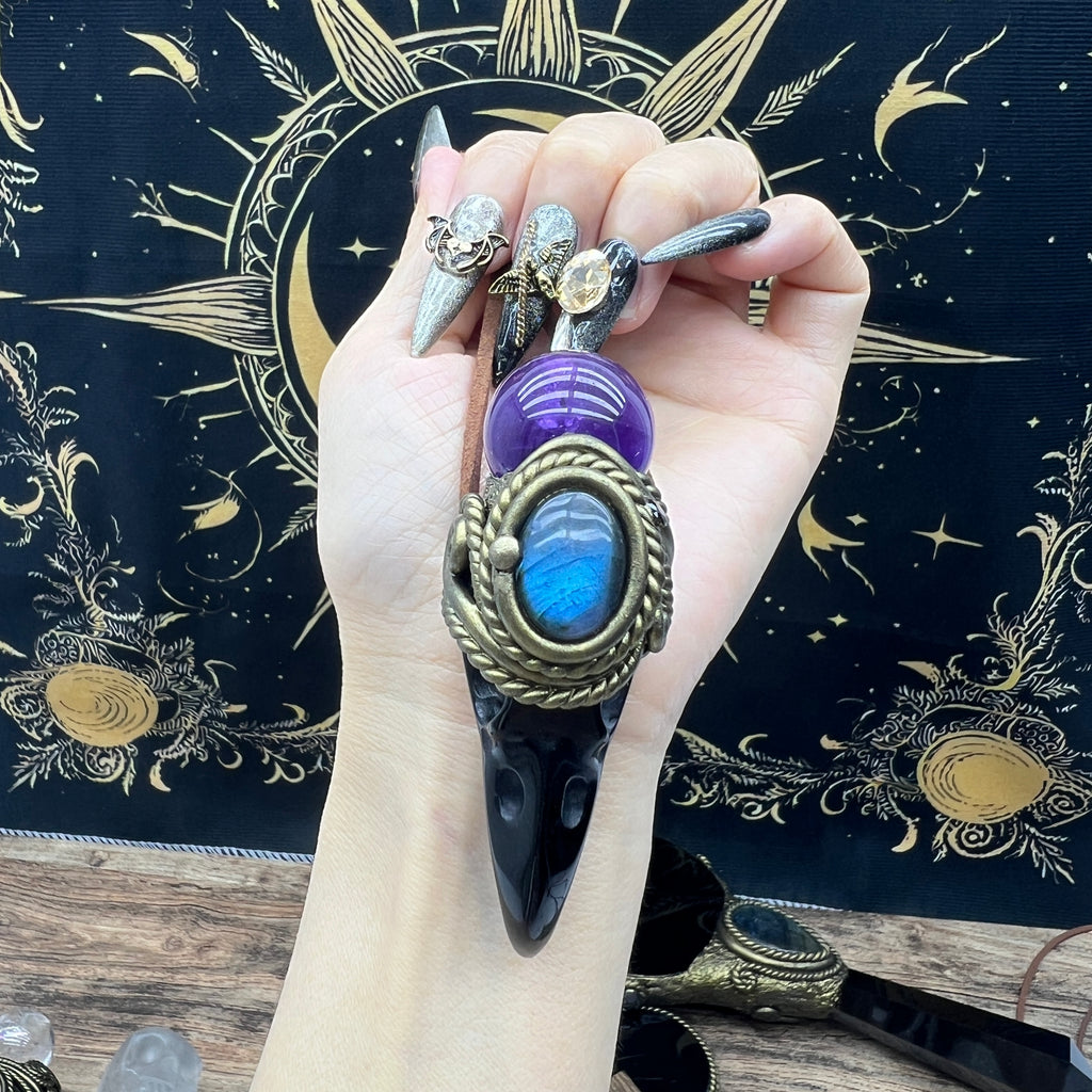 Handmade crystal jewelry~Healing Crystal Wand / Protection Amulet Pendant Necklace Labradorite,amethyst sphere , Carved Black Obsidian RavenSkull