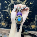 Handmade crystal jewelry~Healing Crystal Wand / Protection Amulet Pendant Necklace Labradorite,amethyst sphere , Carved Black Obsidian RavenSkull