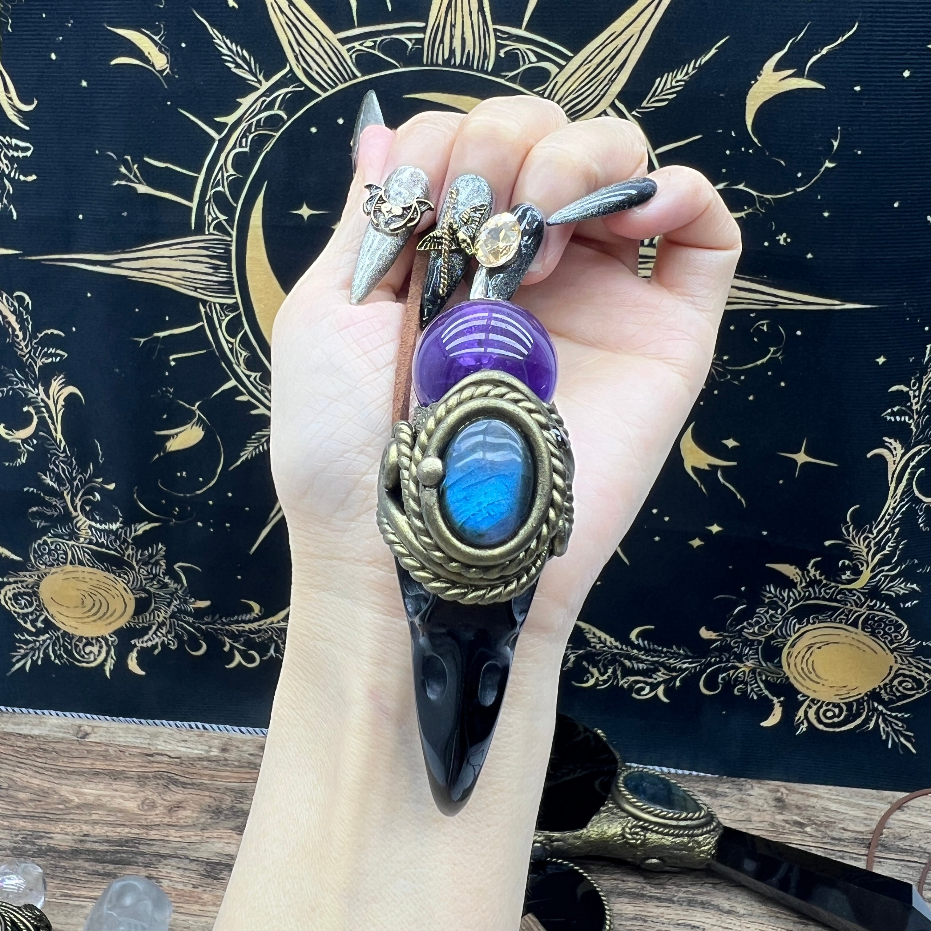 Handmade crystal jewelry~Healing Crystal Wand / Protection Amulet Pendant Necklace Labradorite,amethyst sphere , Carved Black Obsidian RavenSkull