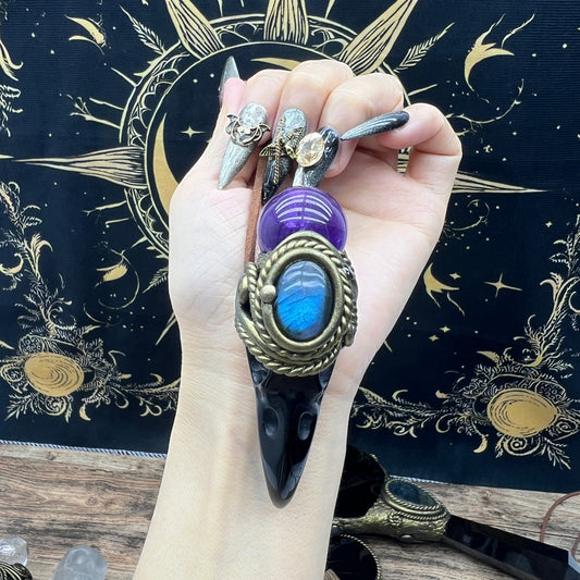 Handmade crystal jewelry~Healing Crystal Wand / Protection Amulet Pendant Necklace Labradorite,amethyst sphere , Carved Black Obsidian RavenSkull