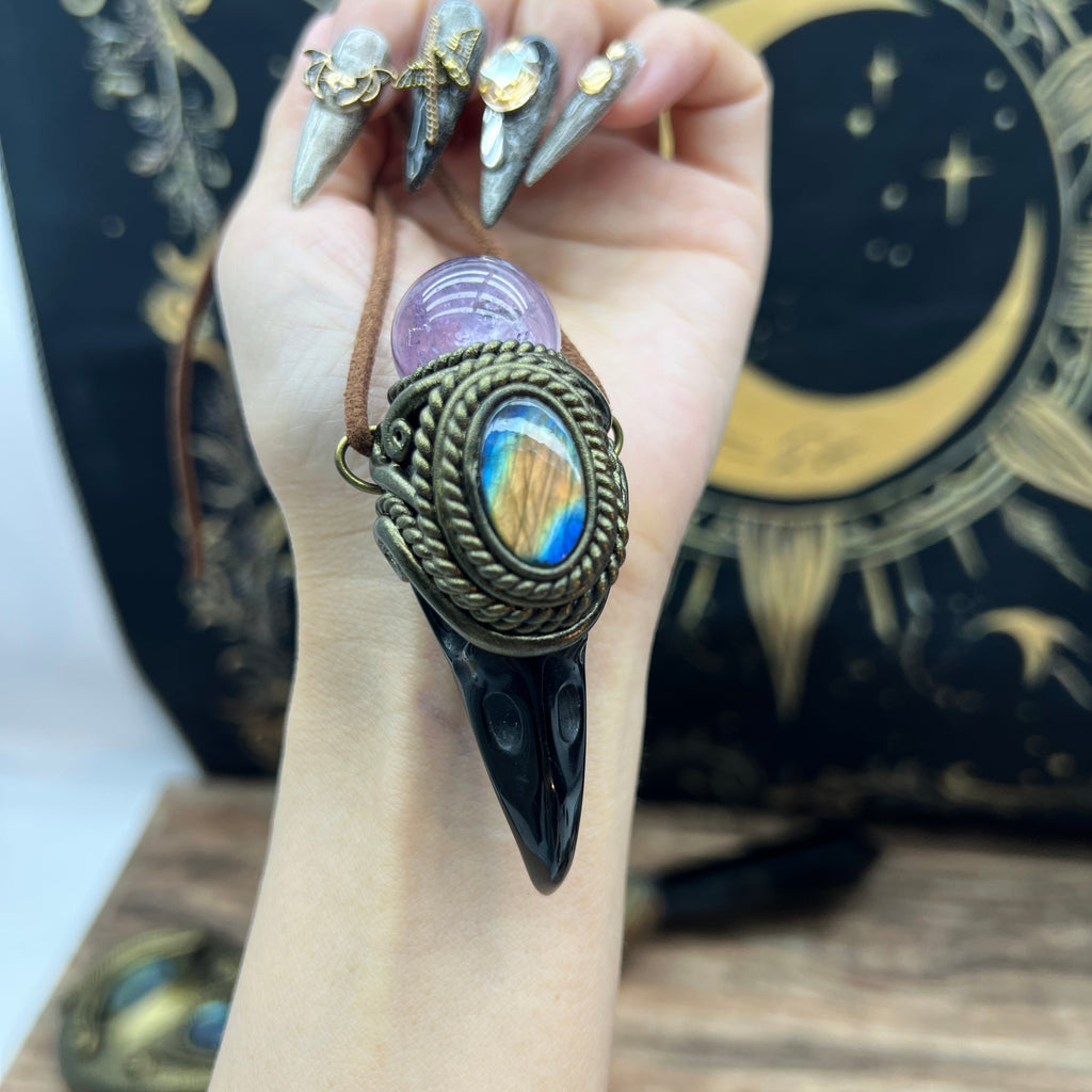 Handmade crystal jewelry~Healing Crystal Wand / Protection Amulet Pendant Necklace Labradorite,amethyst sphere , Carved Black Obsidian RavenSkull