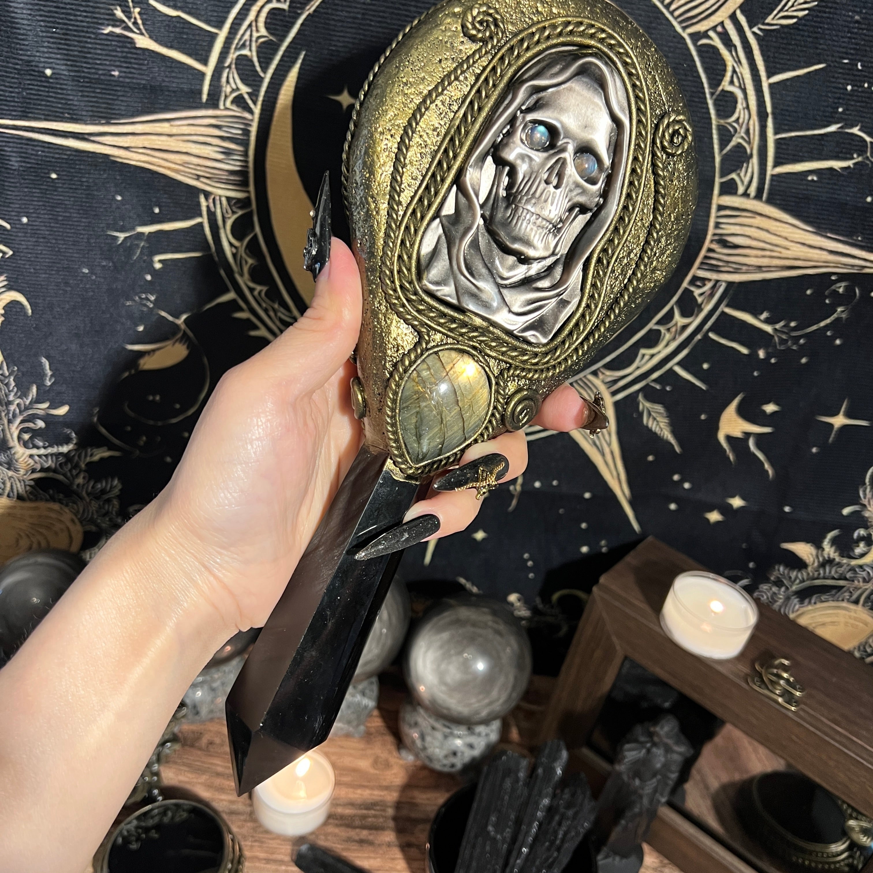 Handmade Natural Black Obsidian Scrying Mirror Wand/Magic Obsidian Witch Wand/Crystal Quartz Wand/Manifest Altar Tool