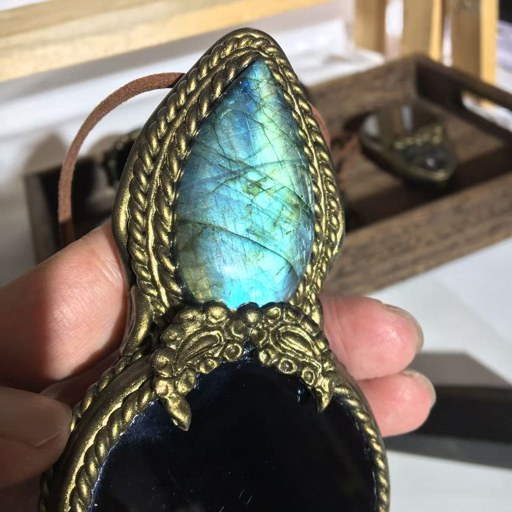 Handmade Natural Black Obsidian Scrying Mirror pendant/Magic Obsidian Witch Mirror/Crystal Quartz Mirror/Manifest Altar Tool