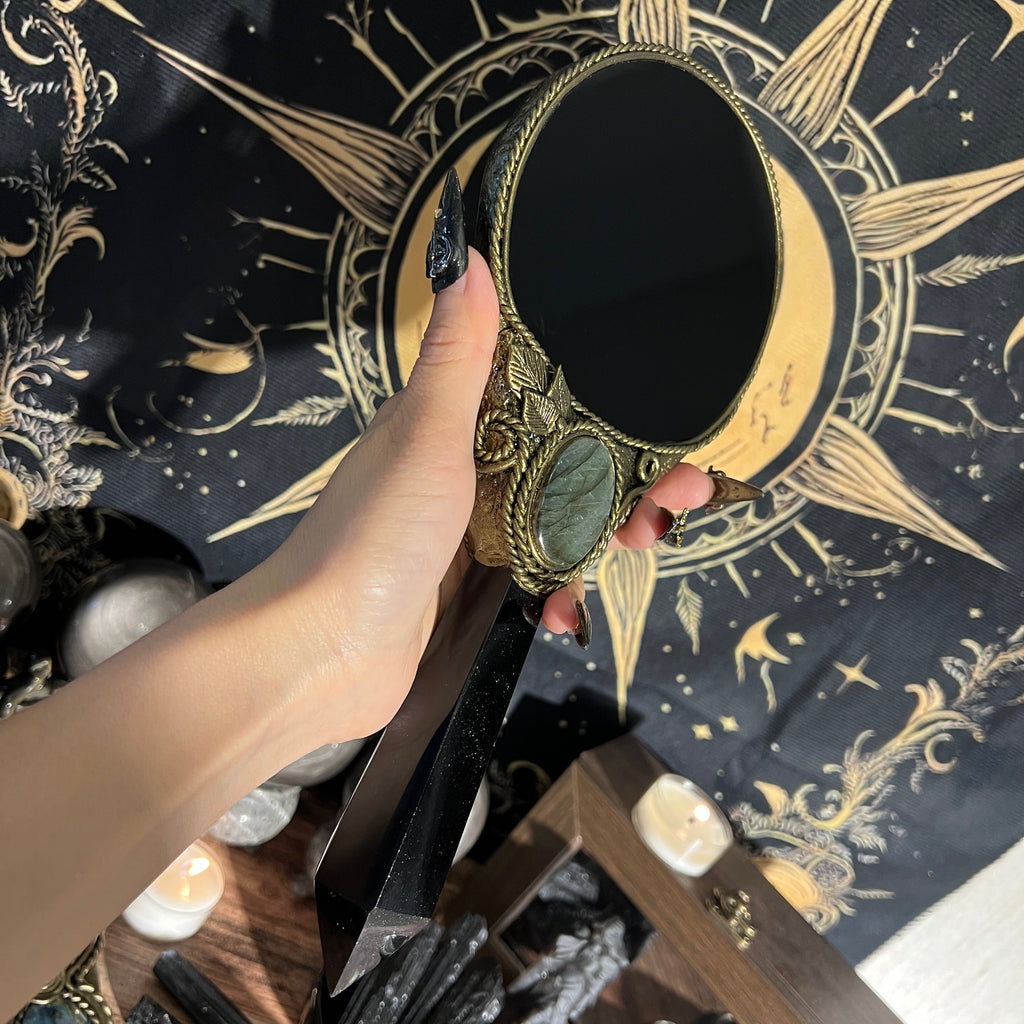 Handmade Natural Black Obsidian Scrying Mirror Wand/Magic Obsidian Witch Wand/Crystal Quartz Wand/Manifest Altar Tool