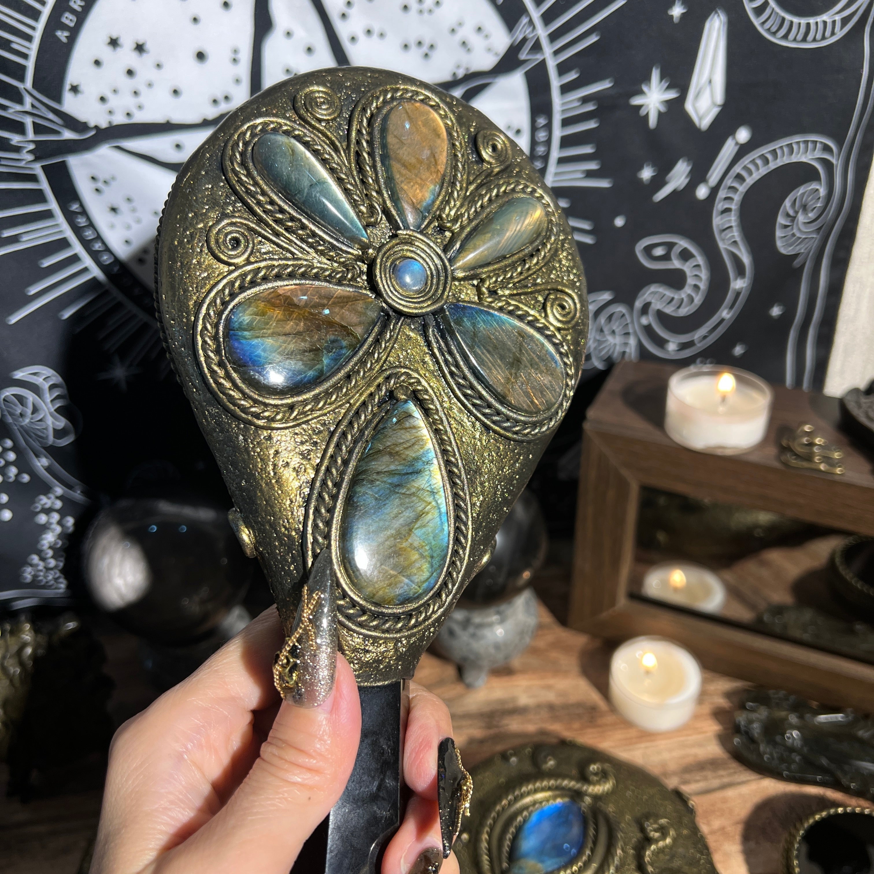 Handmade Natural Black Obsidian Scrying Mirror Wand/Magic Obsidian Witch Wand/Crystal Quartz Wand/Manifest Altar Tool