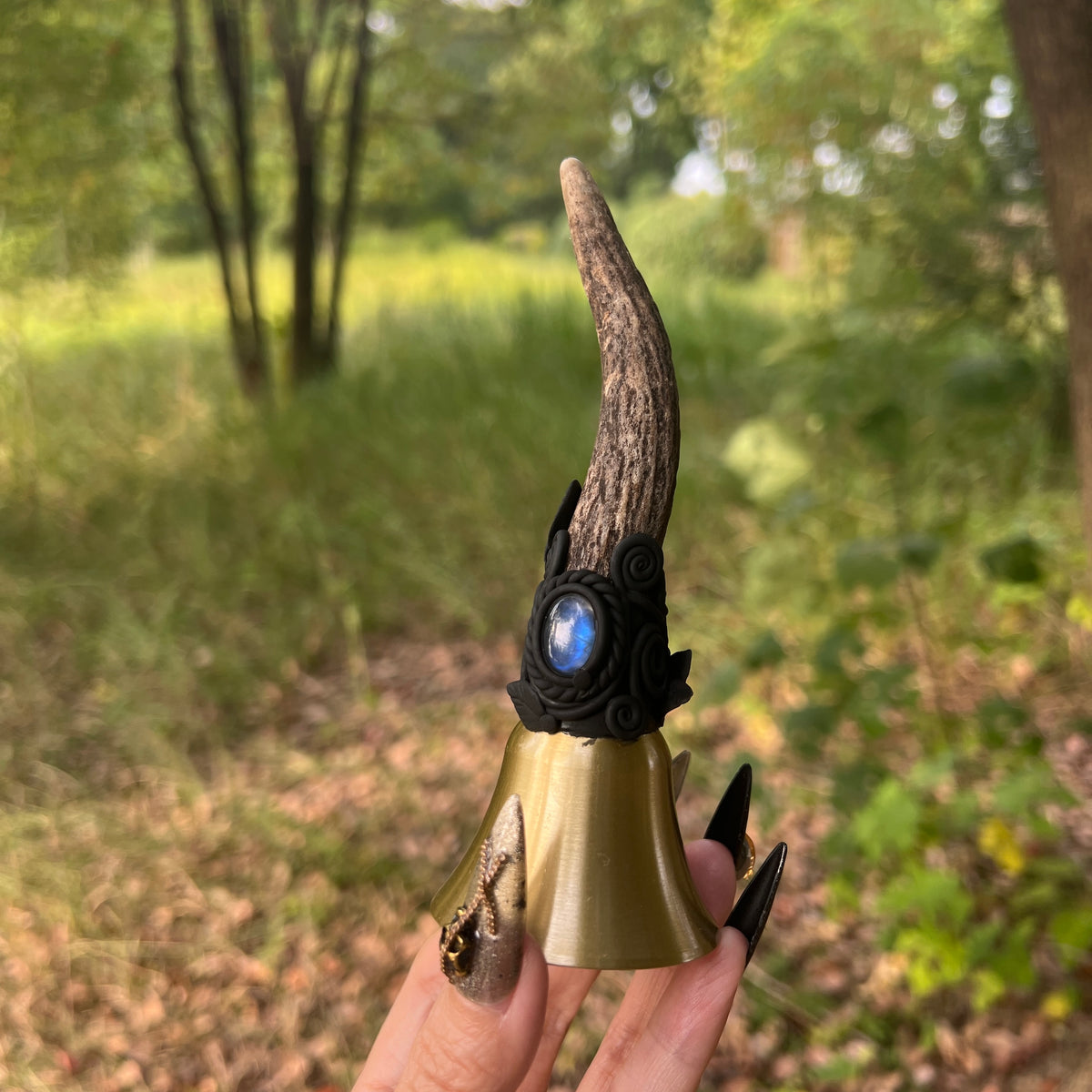 Crystal Altar Bell, Witch Hand Bell, Natural antler Wand Bell, Pagan Ritual Bell, Gothic Crystal Handbell, Handcrafted Witchy Altar Decor