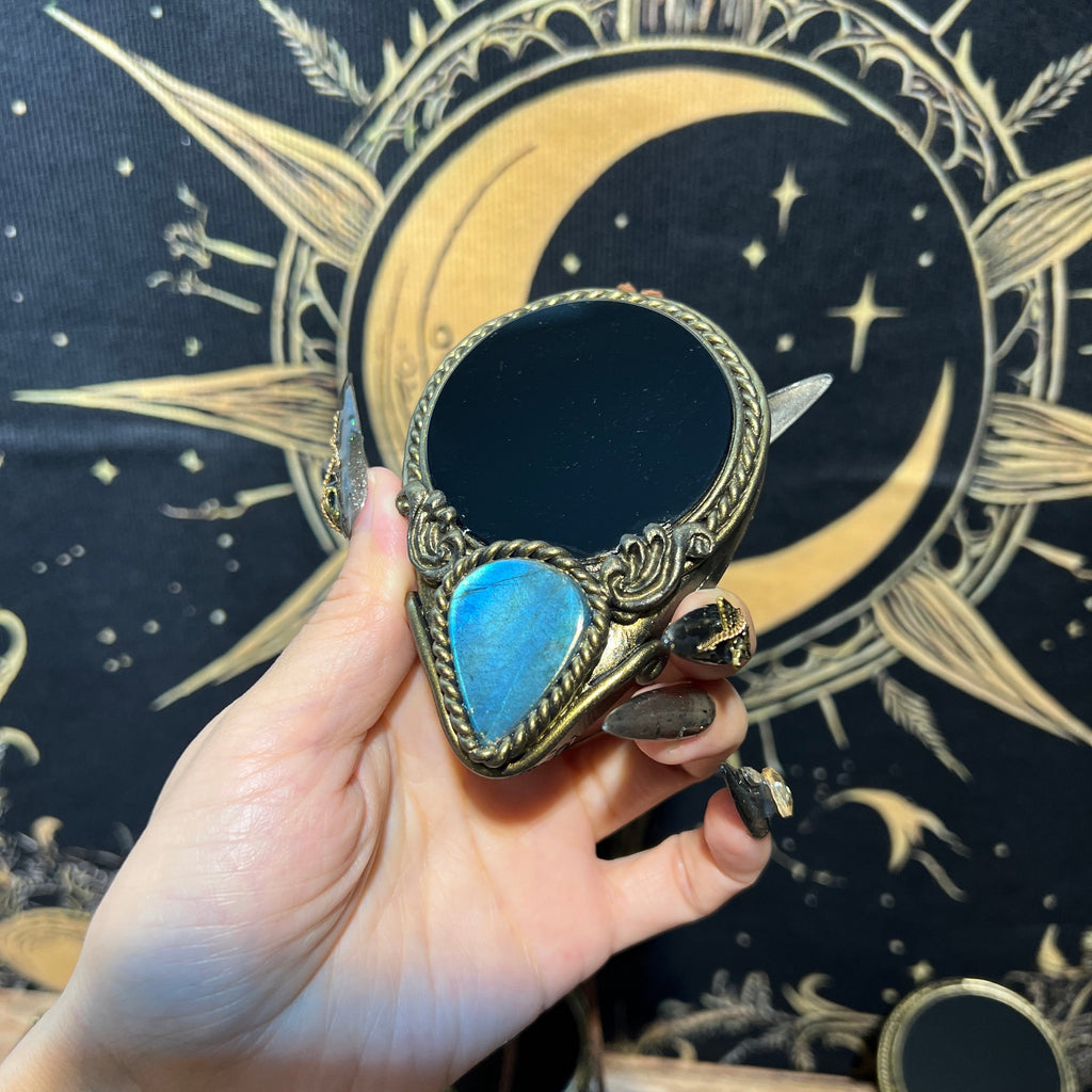 Handmade Natural Black Obsidian Scrying Mirror pendant/Magic Obsidian Witch Mirror/Crystal Quartz Mirror/Manifest Altar Tool