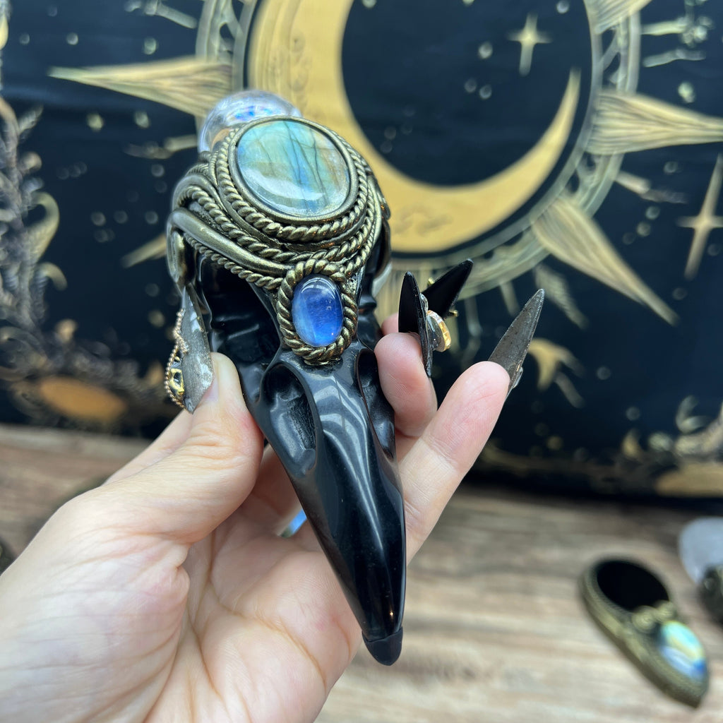 The Shadow Worker - Labradorite,moonstone , Carved Black Obsidian RavenSkull &Rainbow Clear quartz sphere Crystal AltarPiece