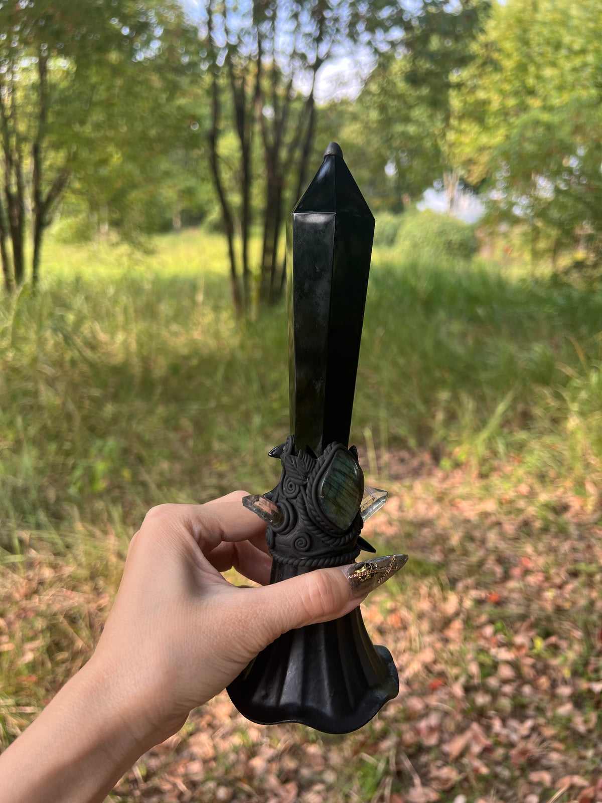 Crystal Altar Bell, Witch Hand Bell, Black obsidian Wand Bell, Pagan Ritual Bell, Gothic Crystal Handbell, Handcrafted Witchy Altar Decor