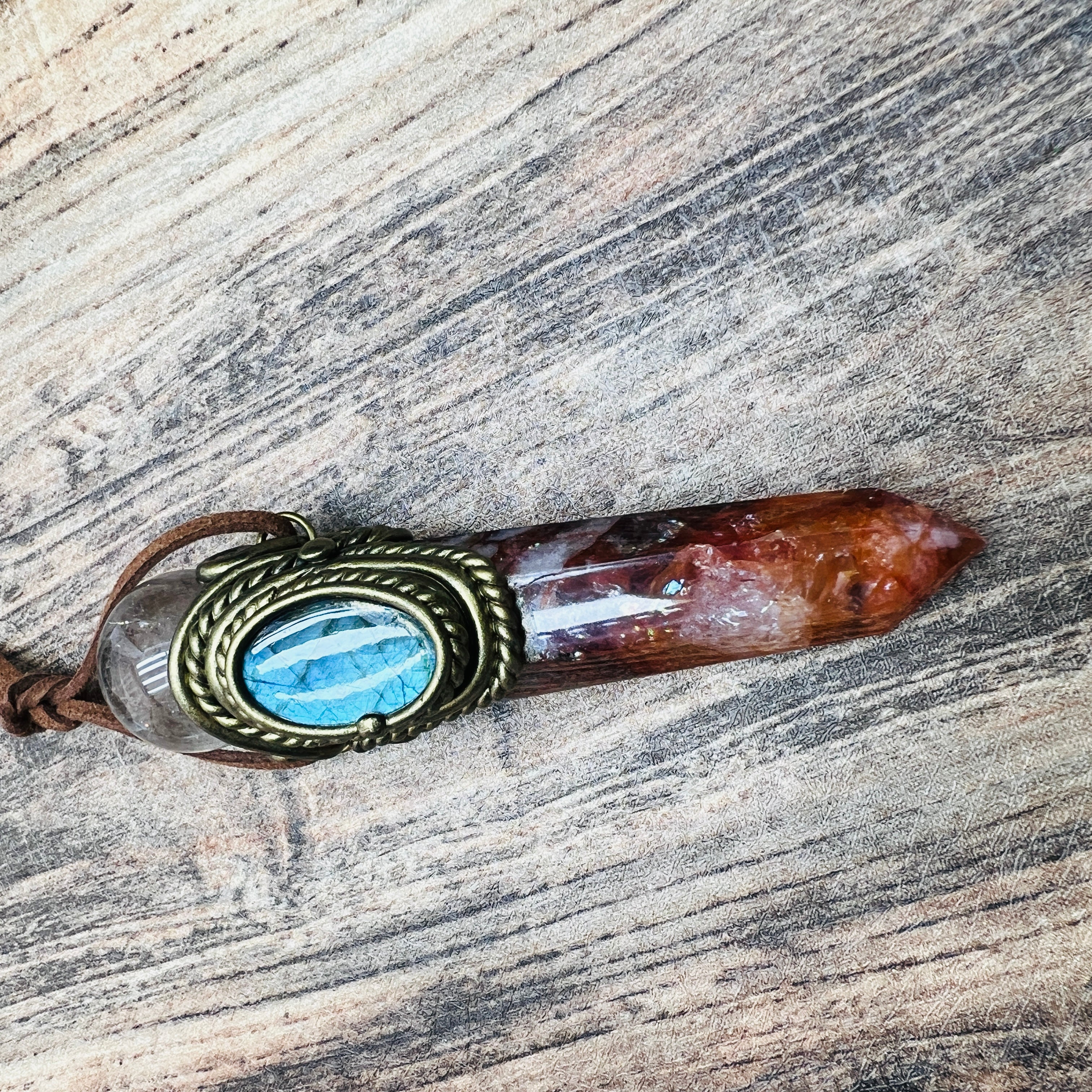 Handmade crystal jewelry Healing Crystal Wand / Protection Amulet Pendant Necklace Fire quartz tower paired with clear quartz spheres and labradorite