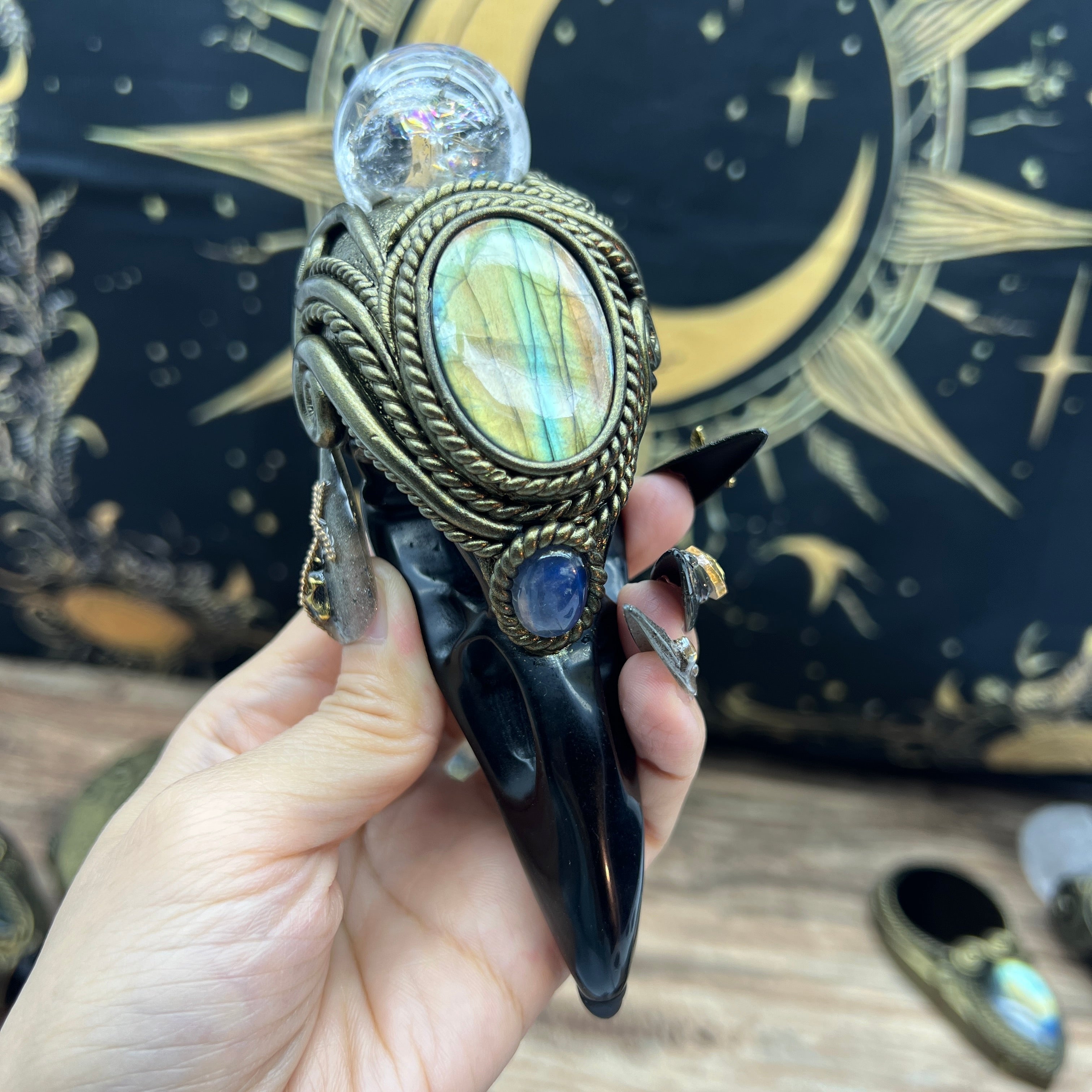 The Shadow Worker - Labradorite,moonstone , Carved Black Obsidian RavenSkull &Rainbow Clear quartz sphere Crystal AltarPiece