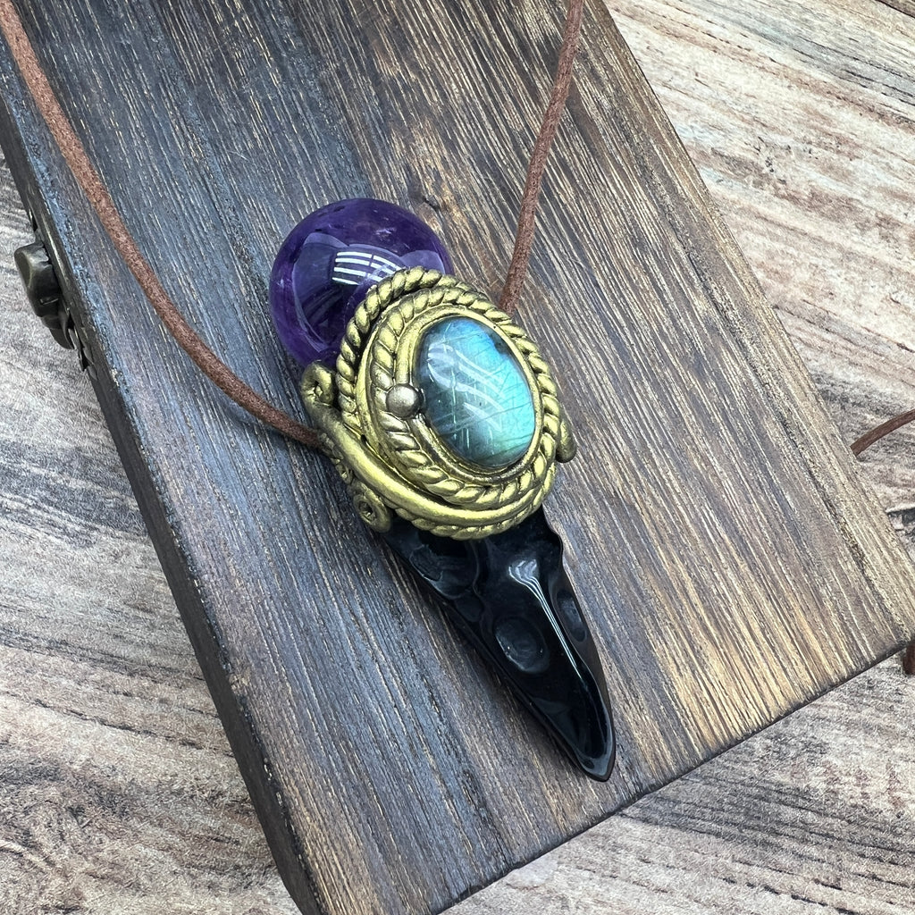 Handmade crystal jewelry~Healing Crystal Wand / Protection Amulet Pendant Necklace Labradorite,amethyst sphere , Carved Black Obsidian RavenSkull