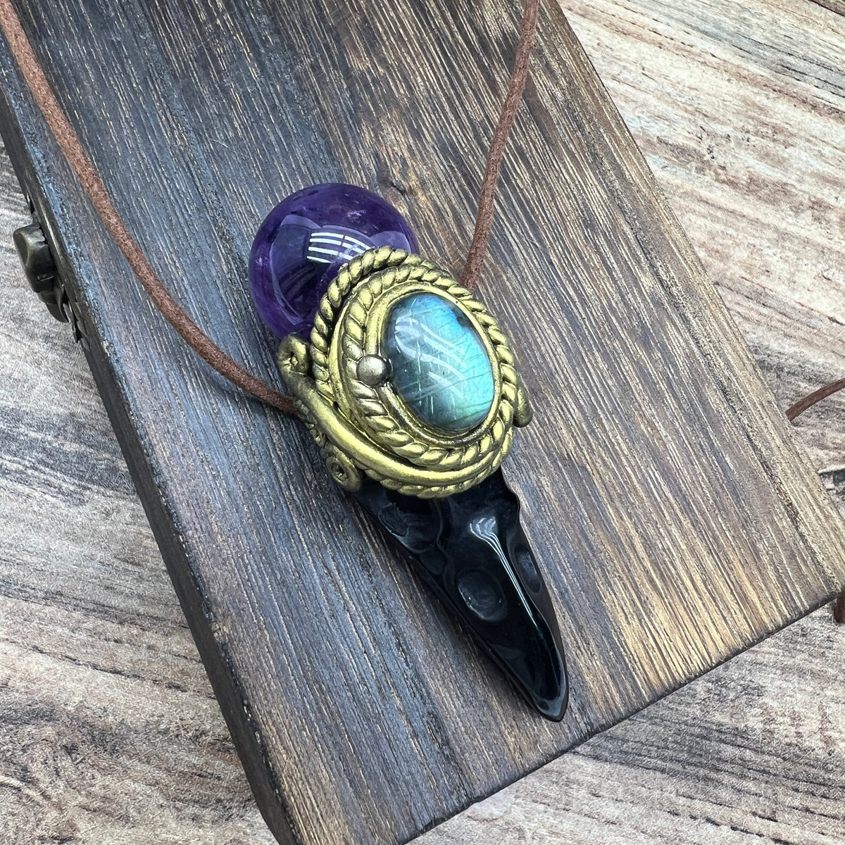 Handmade crystal jewelry~Healing Crystal Wand / Protection Amulet Pendant Necklace Labradorite,amethyst sphere , Carved Black Obsidian RavenSkull
