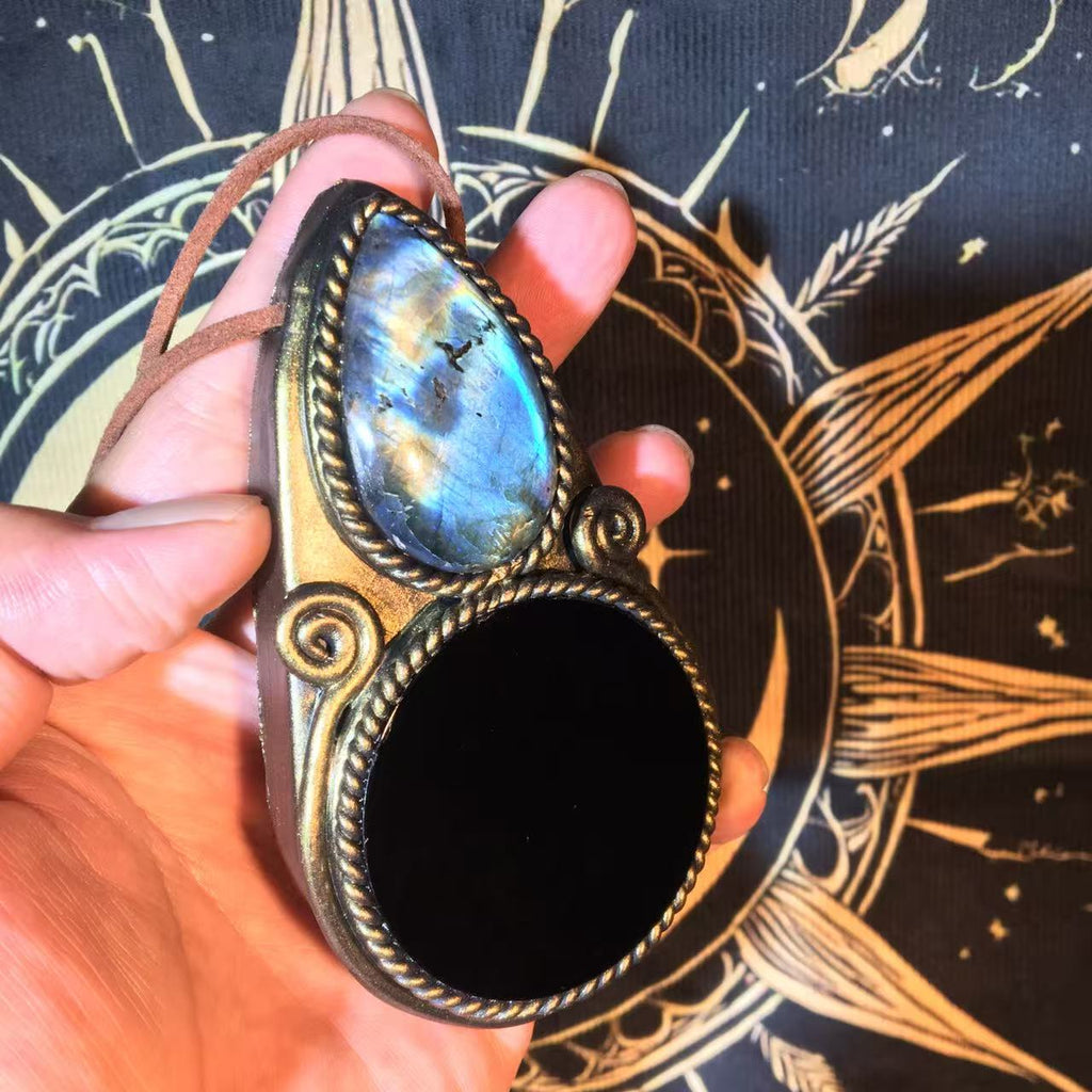 Handmade Natural Black Obsidian Scrying Mirror pendant/Magic Obsidian Witch Mirror/Crystal Quartz Mirror/Manifest Altar Tool