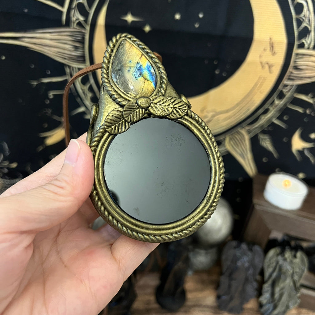 Handmade Natural Black Obsidian Scrying Mirror pendant/Magic Obsidian Witch Mirror/Crystal Quartz Mirror/Manifest Altar Tool