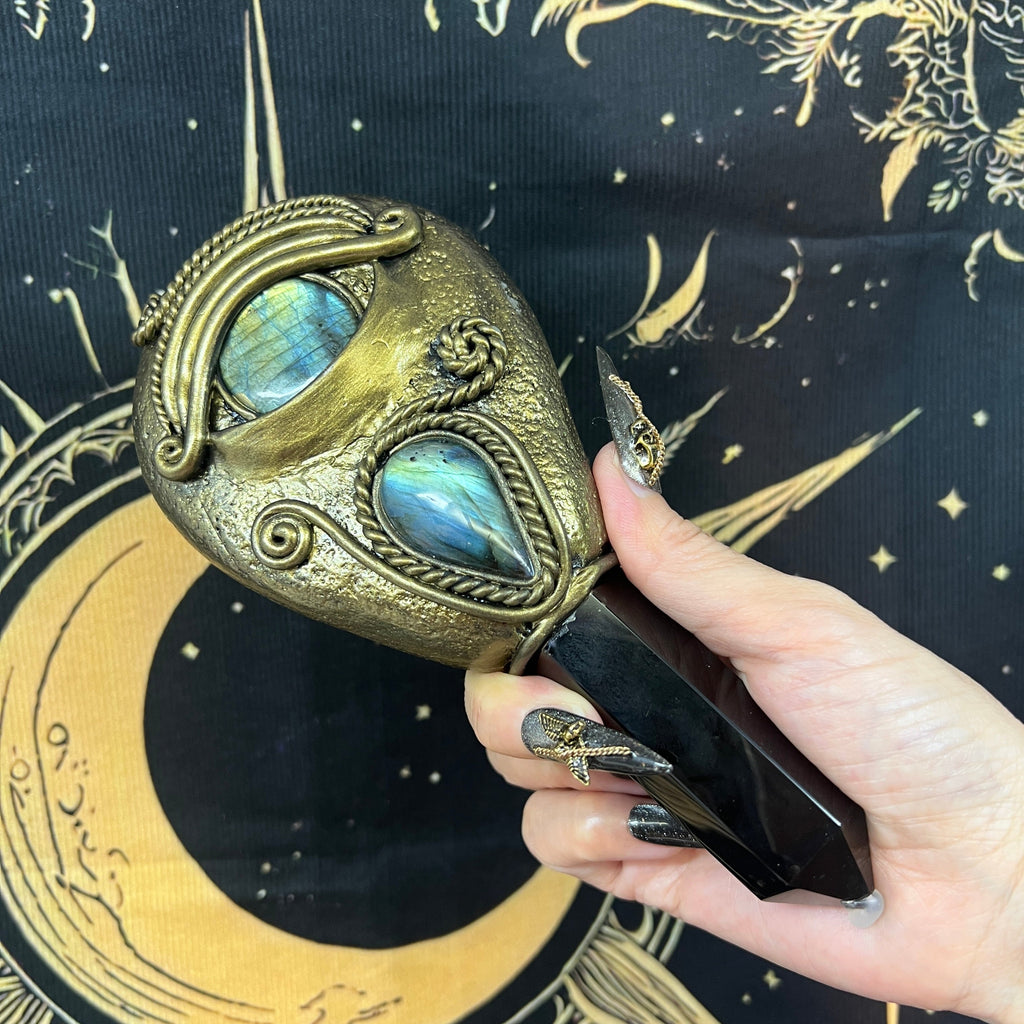 Handmade Natural Black Obsidian Scrying Mirror Wand/Magic Obsidian Witch Wand/Crystal Quartz Wand/Manifest Altar Tool