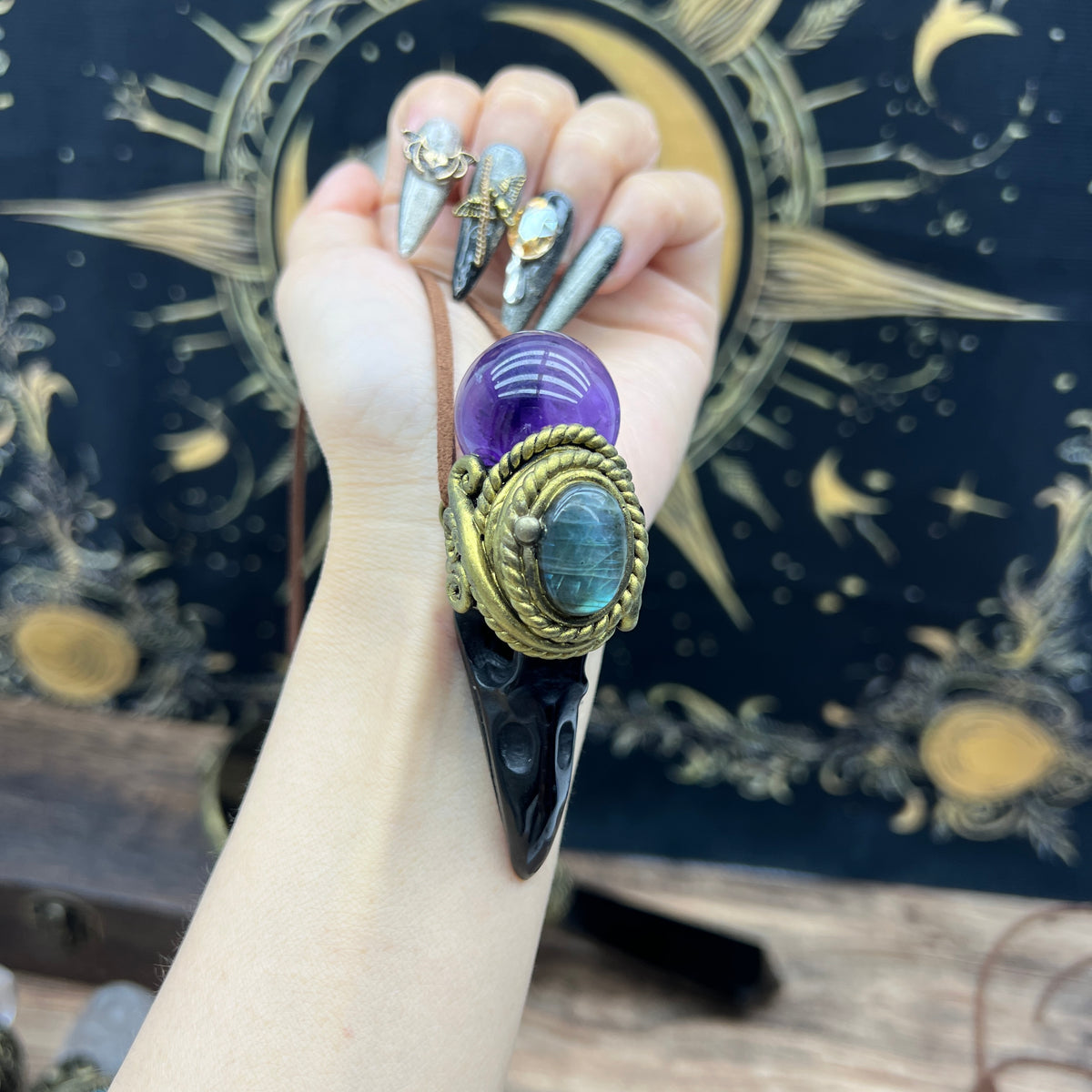 Handmade crystal jewelry~Healing Crystal Wand / Protection Amulet Pendant Necklace Labradorite,amethyst sphere , Carved Black Obsidian RavenSkull