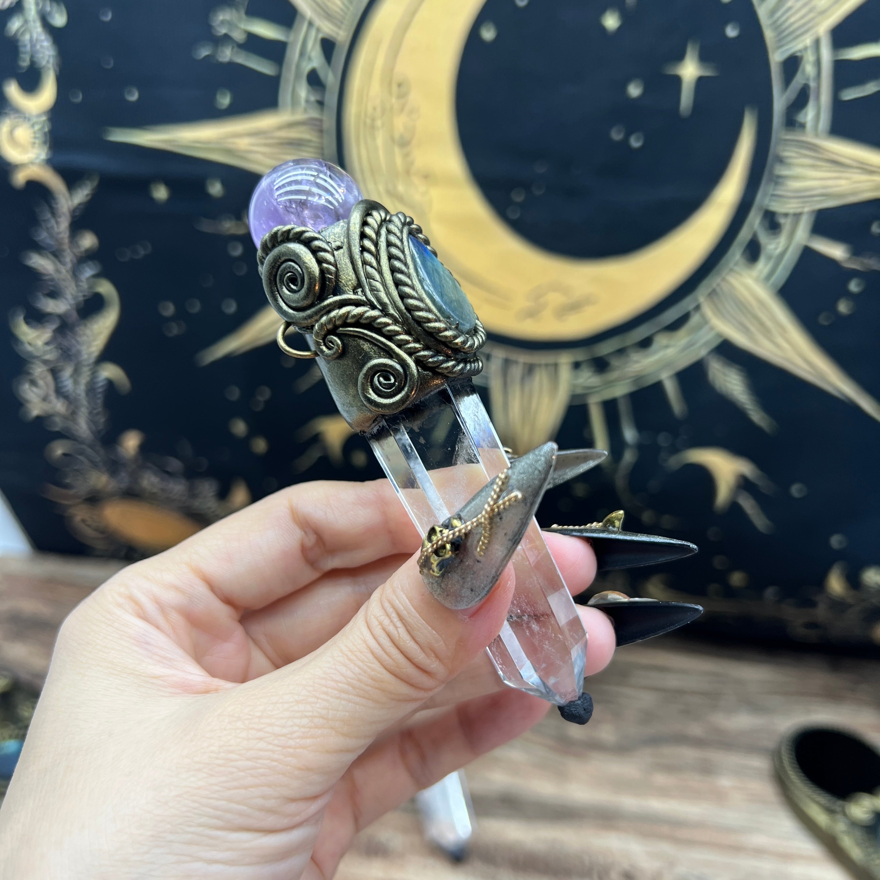 Handmade crystal jewelry Healing Crystal Wand / Protection Amulet Pendant Necklace Clear quartz tower paired with amethyst spheres and labradorite
