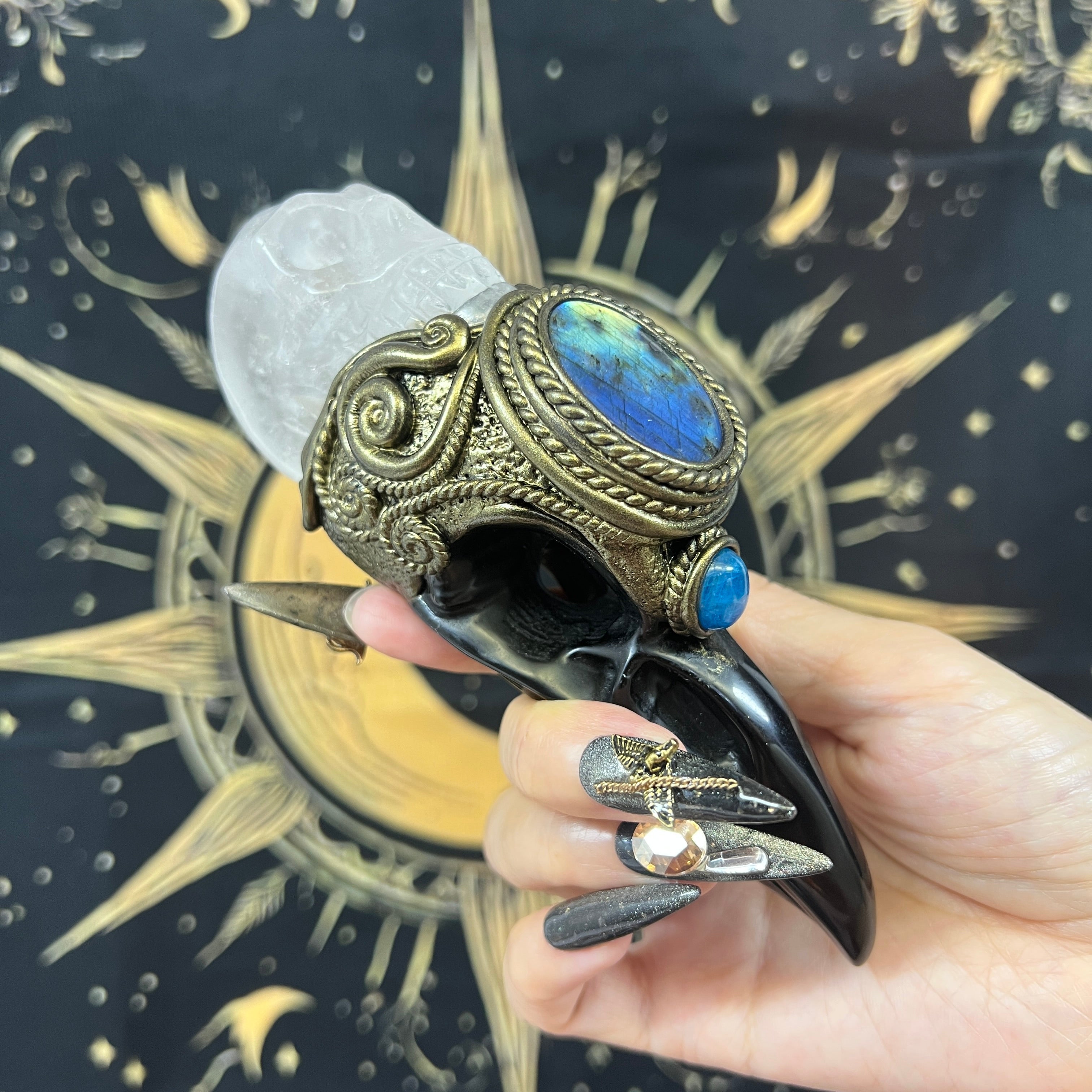 The Shadow Worker - Labradorite,Blue apatite , Carved Black Obsidian RavenSkull & Carved Clear quartz Skull Crystal AltarPiece