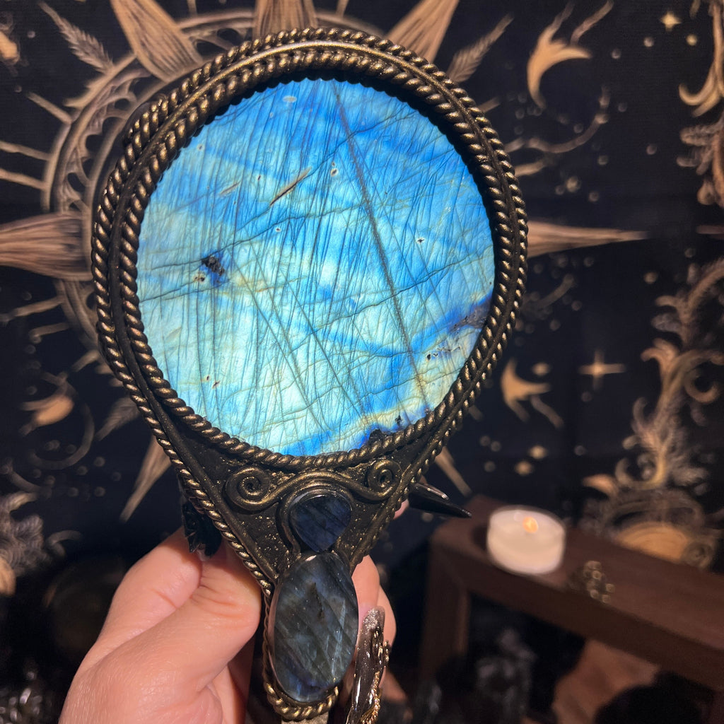Handmade Natural Labradorite Scrying Mirror Wand/Magic Obsidian Witch Wand/Crystal Quartz Wand/Manifest Altar Tool