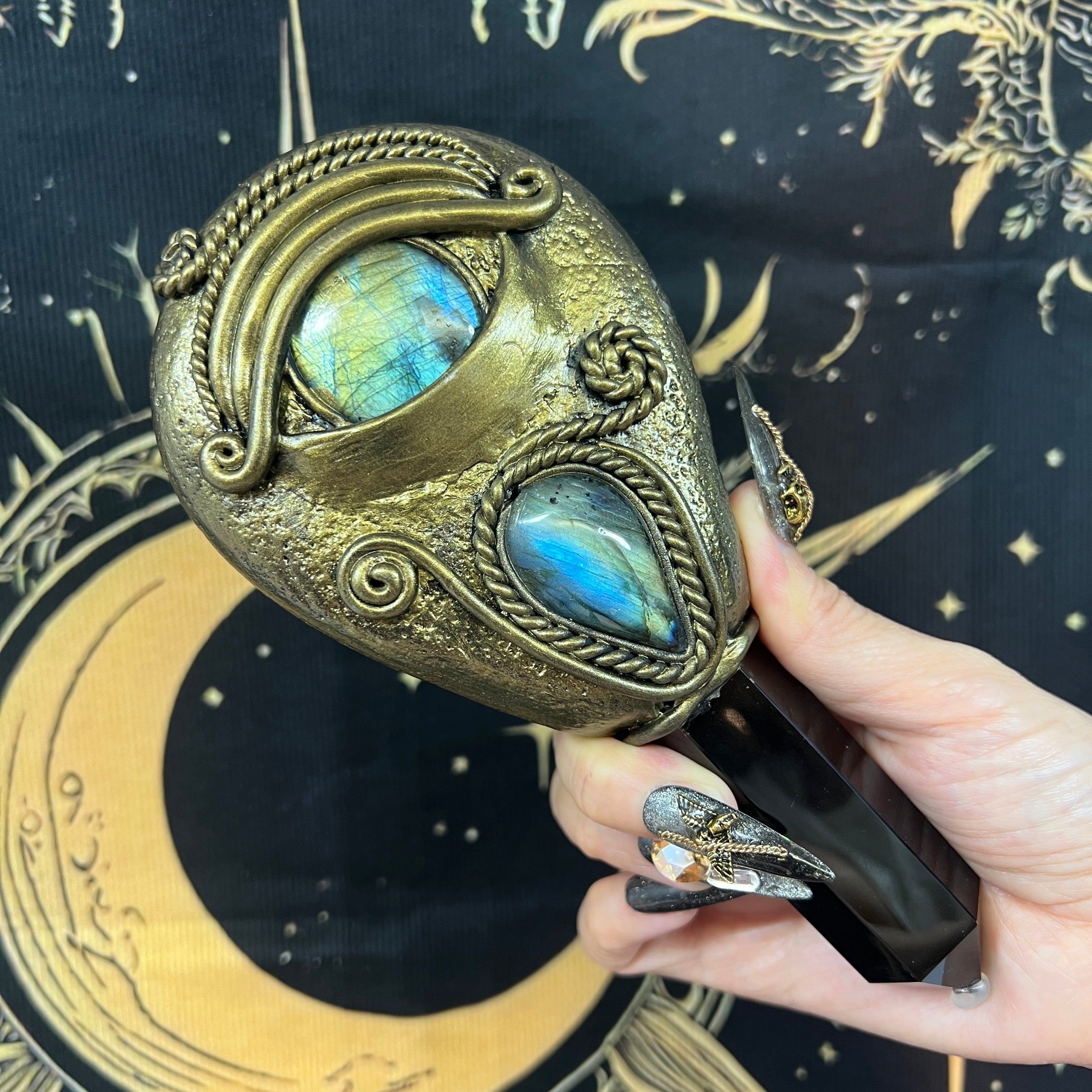 Handmade Natural Black Obsidian Scrying Mirror Wand/Magic Obsidian Witch Wand/Crystal Quartz Wand/Manifest Altar Tool