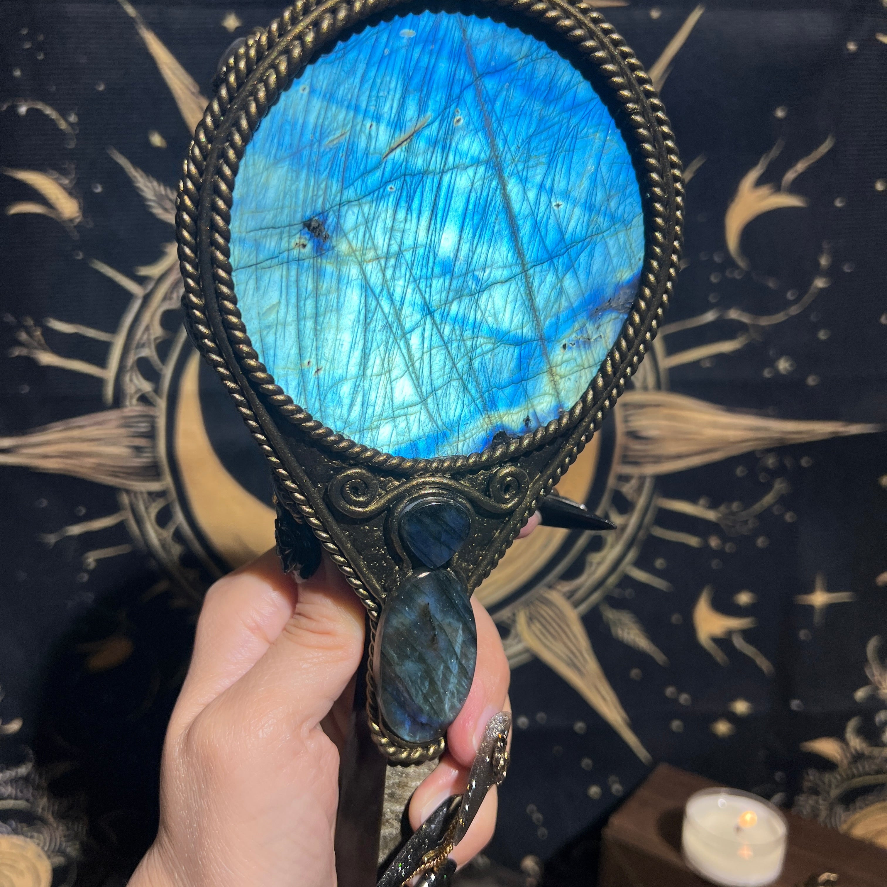 Handmade Natural Labradorite Scrying Mirror Wand/Magic Obsidian Witch Wand/Crystal Quartz Wand/Manifest Altar Tool