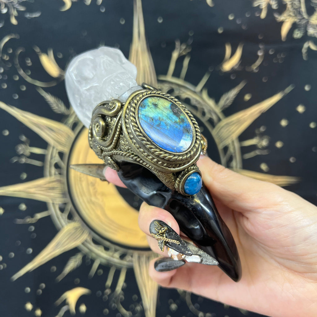 The Shadow Worker - Labradorite,Blue apatite , Carved Black Obsidian RavenSkull & Carved Clear quartz Skull Crystal AltarPiece