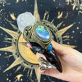 The Shadow Worker - Labradorite,Blue apatite , Carved Black Obsidian RavenSkull & Carved Clear quartz Skull Crystal AltarPiece