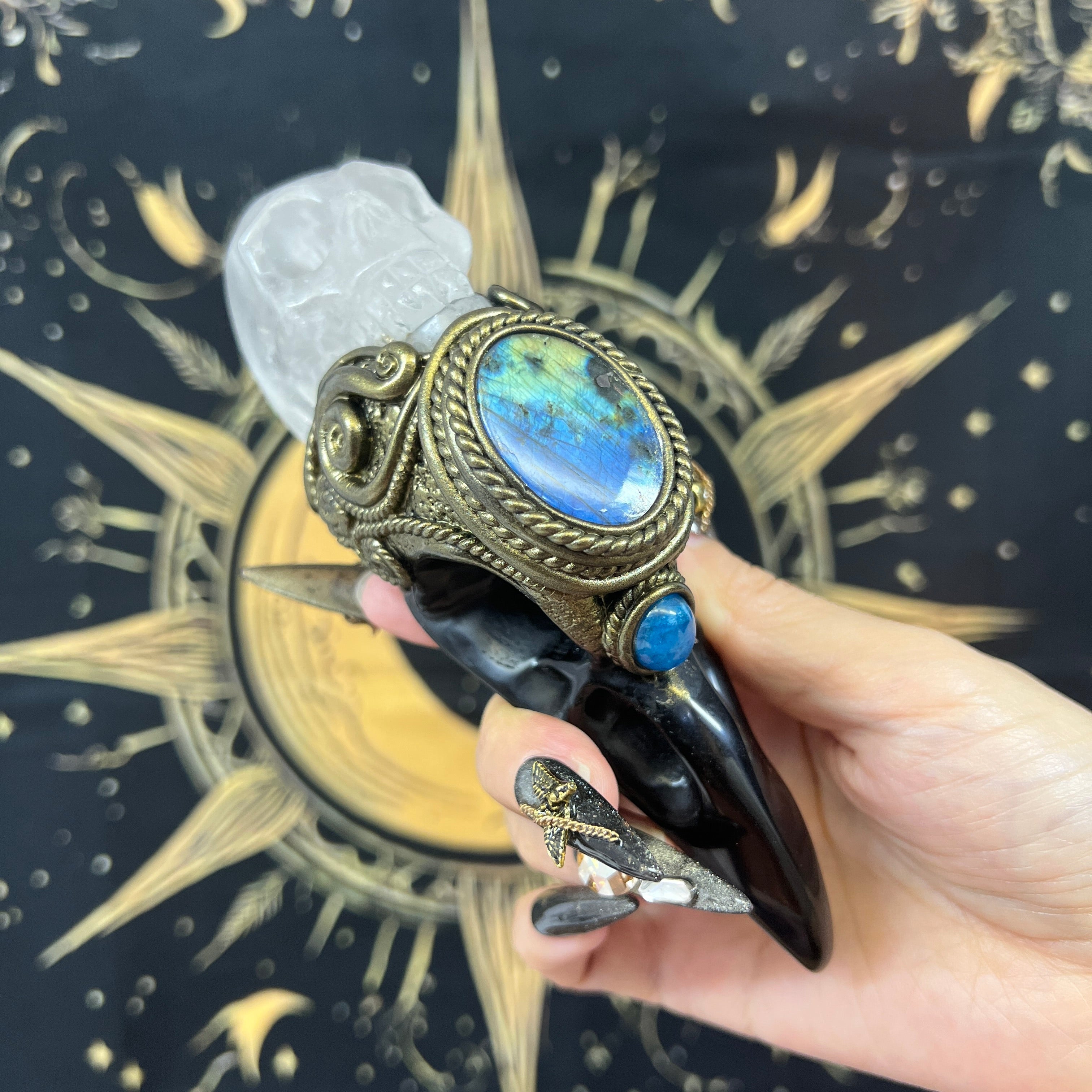 The Shadow Worker - Labradorite,Blue apatite , Carved Black Obsidian RavenSkull & Carved Clear quartz Skull Crystal AltarPiece