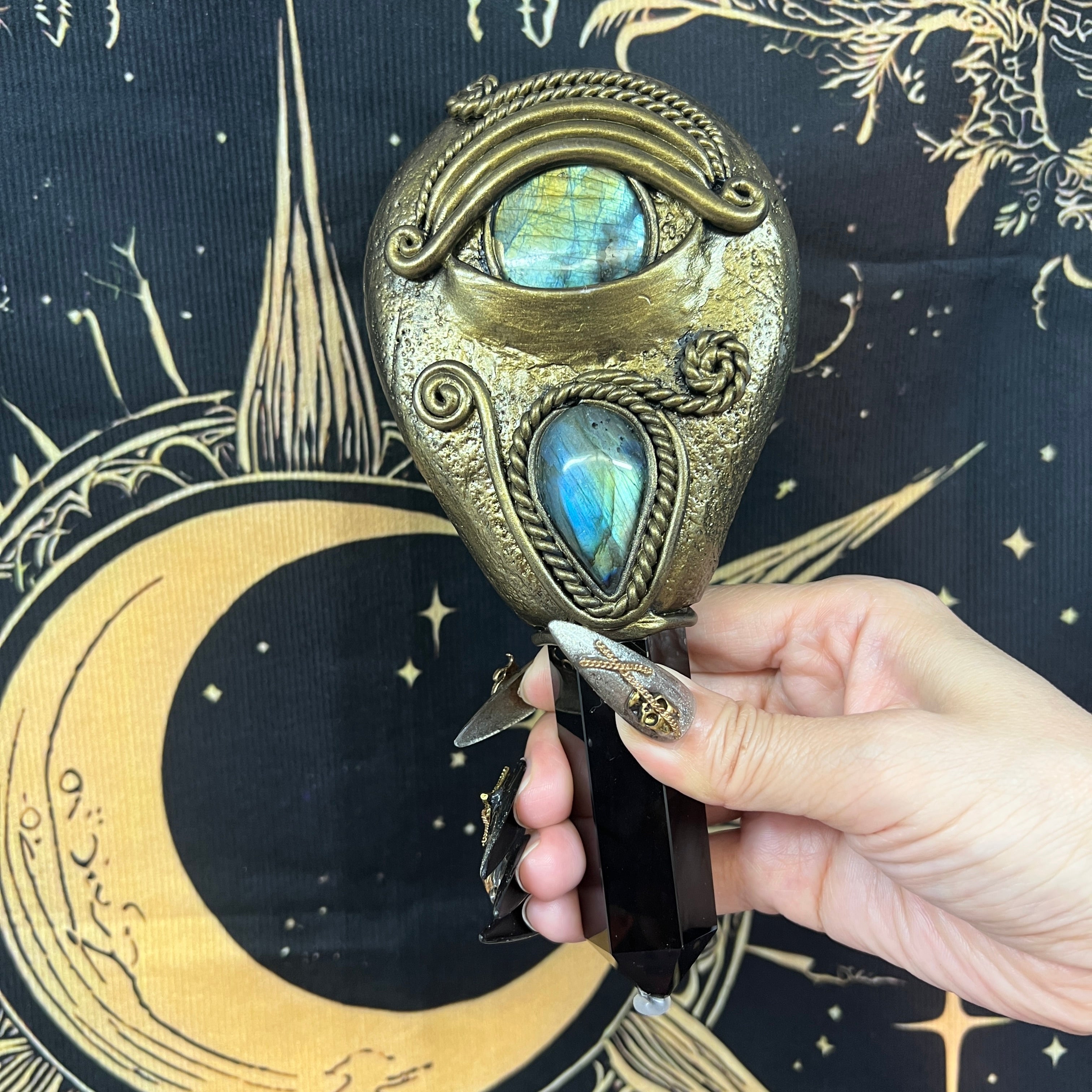 Handmade Natural Black Obsidian Scrying Mirror Wand/Magic Obsidian Witch Wand/Crystal Quartz Wand/Manifest Altar Tool