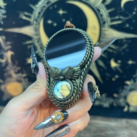 Handmade Natural Black Obsidian Scrying Mirror/Magic Obsidian Witch Mirror/Crystal Quartz Mirror/Manifest Altar Tool