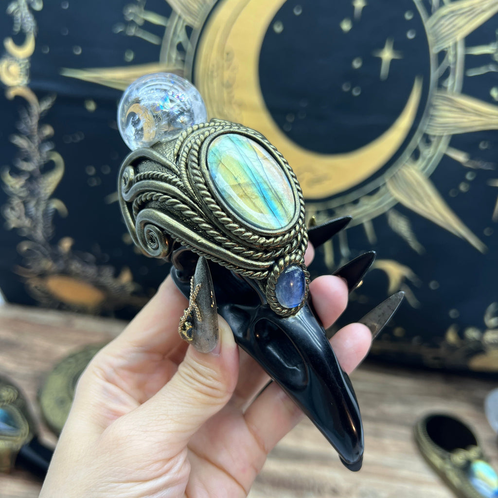 The Shadow Worker - Labradorite,moonstone , Carved Black Obsidian RavenSkull &Rainbow Clear quartz sphere Crystal AltarPiece