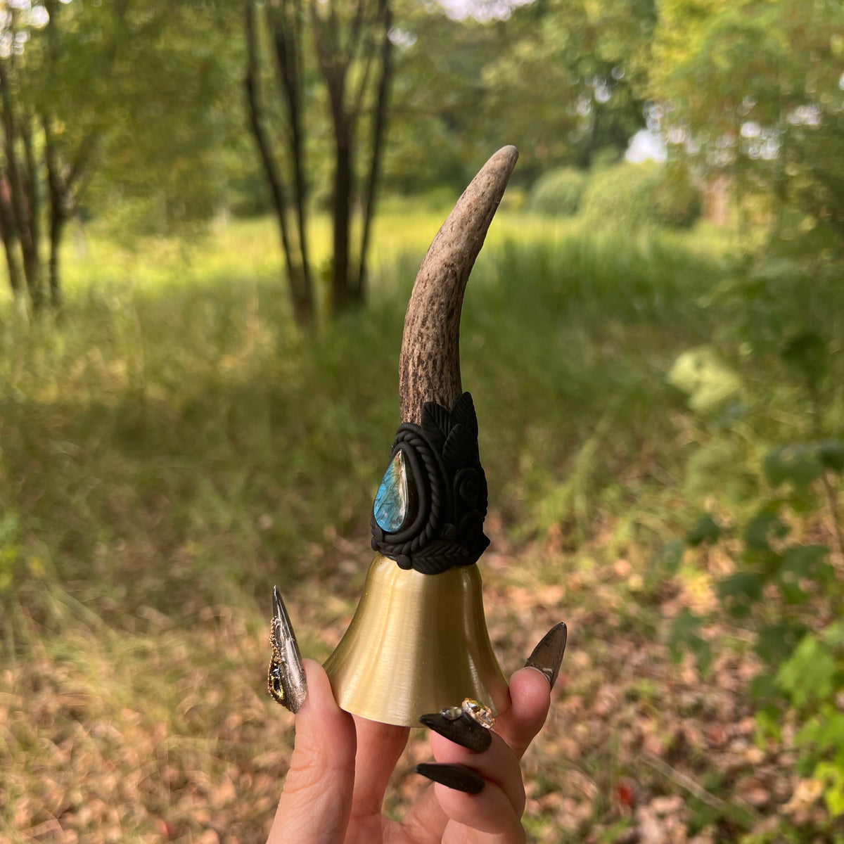 Crystal Altar Bell, Witch Hand Bell, Natural antler Wand Bell, Pagan Ritual Bell, Gothic Crystal Handbell, Handcrafted Witchy Altar Decor