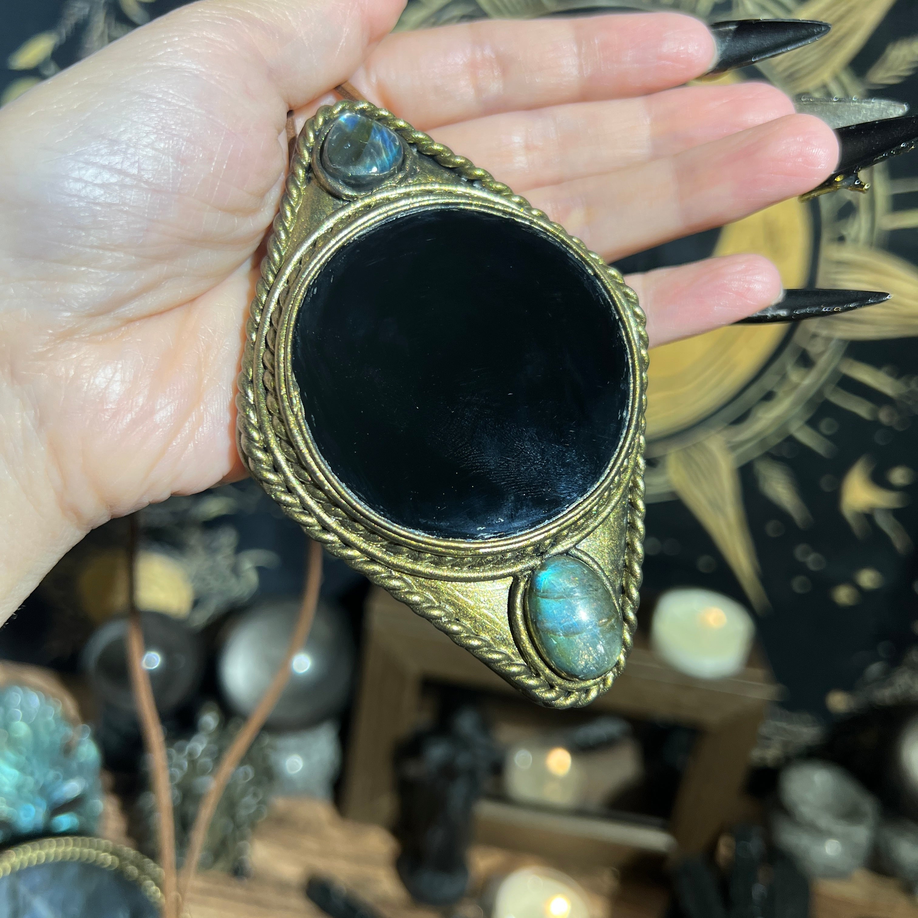 Handmade Natural Black Obsidian Scrying Mirror pendant/Magic Obsidian Witch Mirror/Crystal Quartz Mirror/Manifest Altar Tool